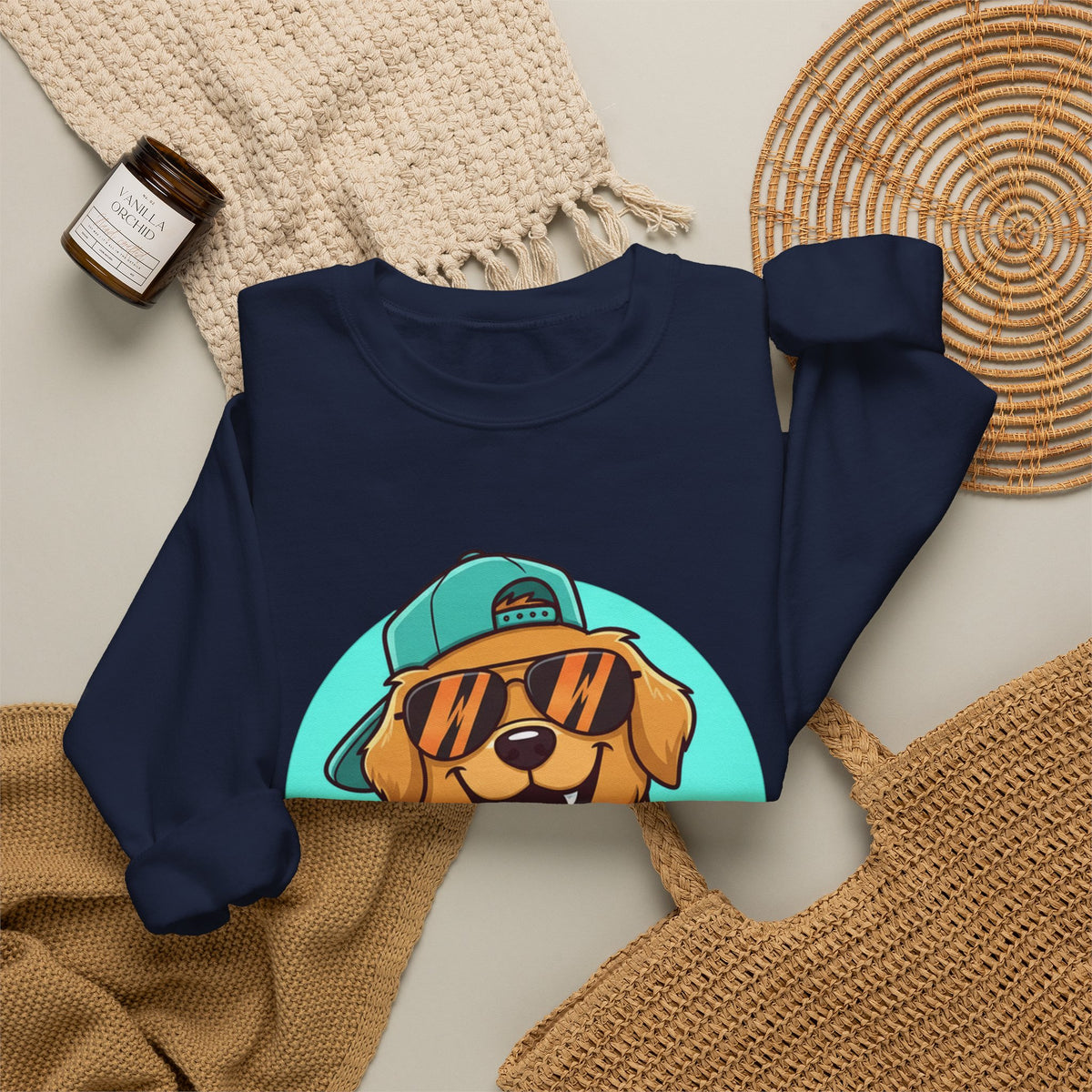 Golden Retriever Pup Graphic Sweatshirt — Cute Dog with Cap Crewneck