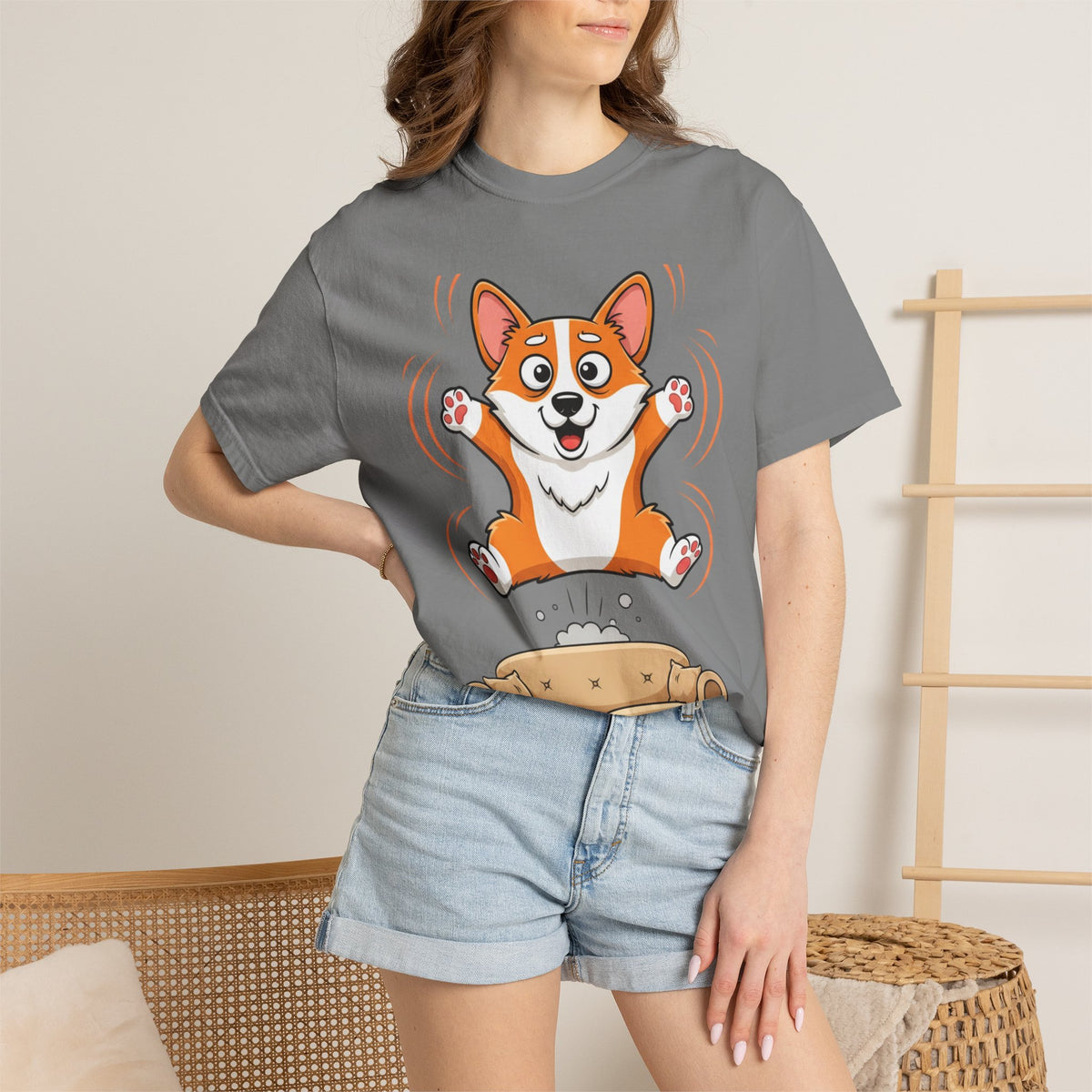 Corgi Jumping on Couch T-Shirt — Cute Dog Graphic Tee for Pet Lovers
