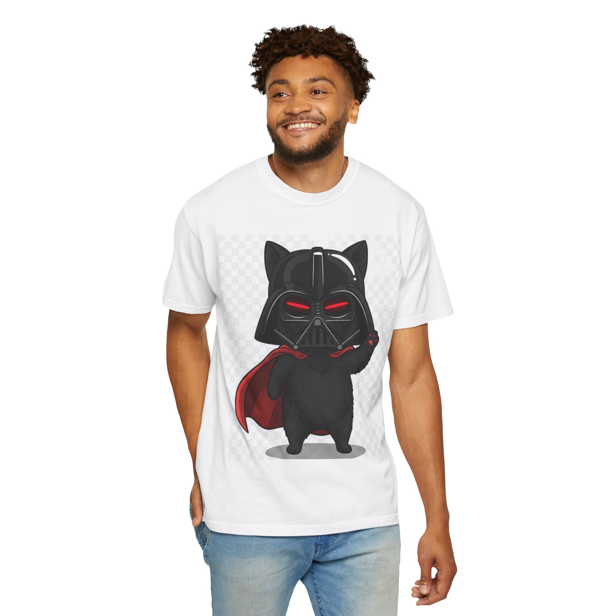 Darth Vader cat graphic t-shirt featuring a black cat in a cape with red eyes on a white background.