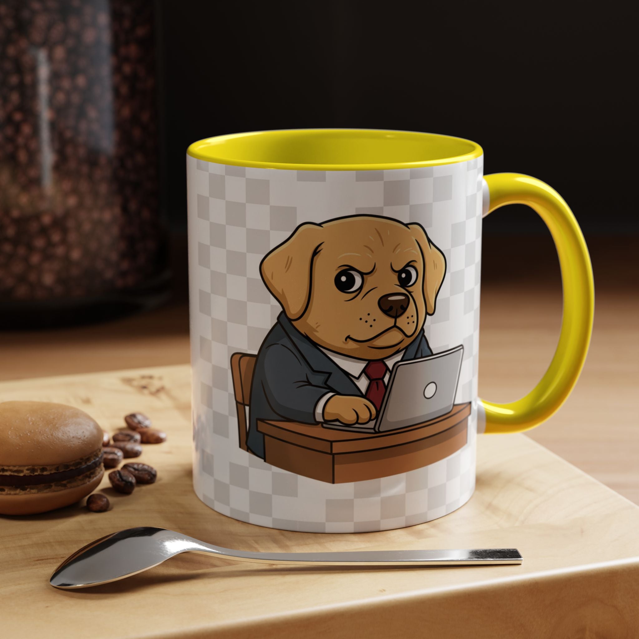 Yellow Lab Boss mug featuring a cartoon dog in a suit, sitting at a desk with a laptop, yellow handle, and checkerboard ba...