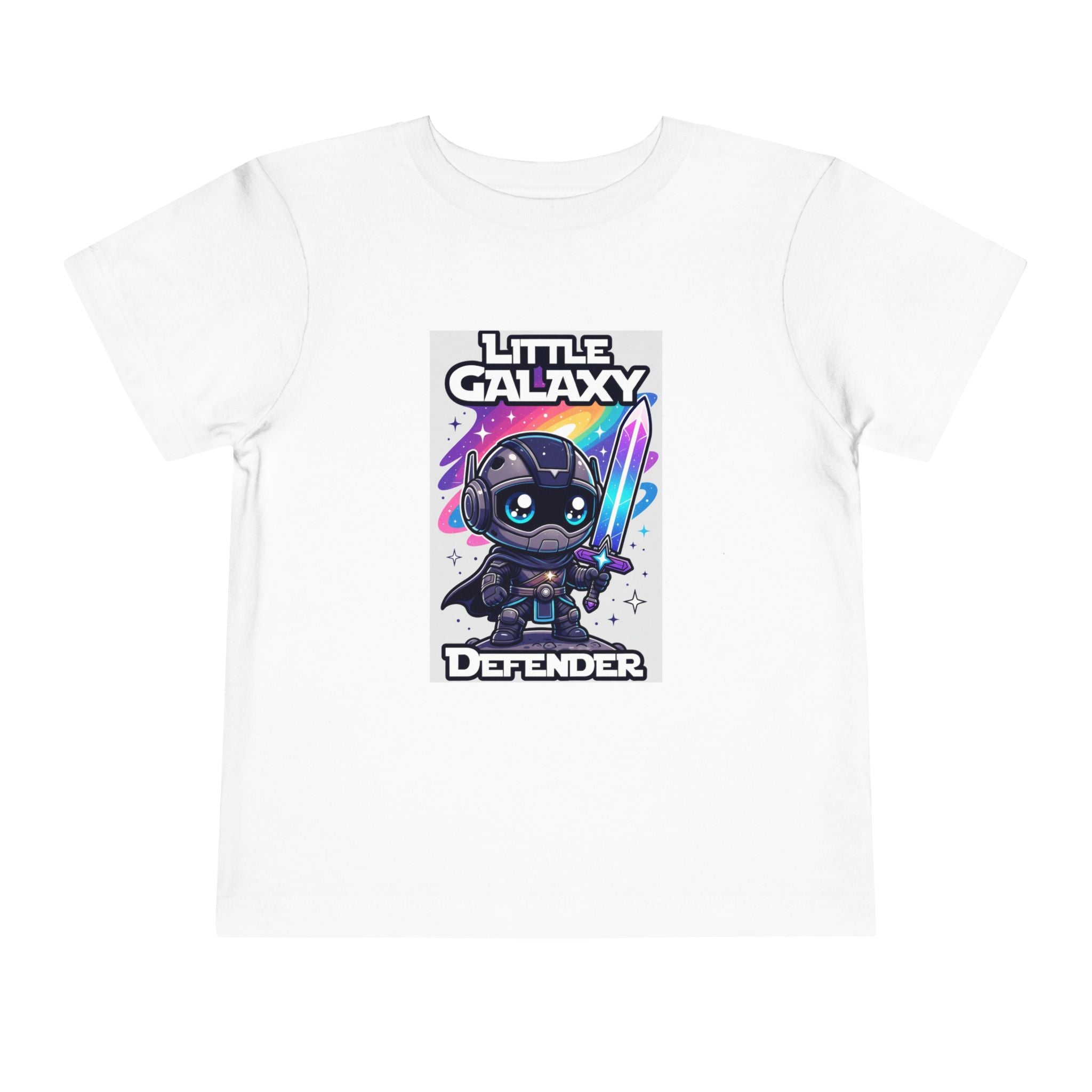 Little Galaxy Defender kids t-shirt featuring a cartoon space warrior with a lightsaber on a white background.