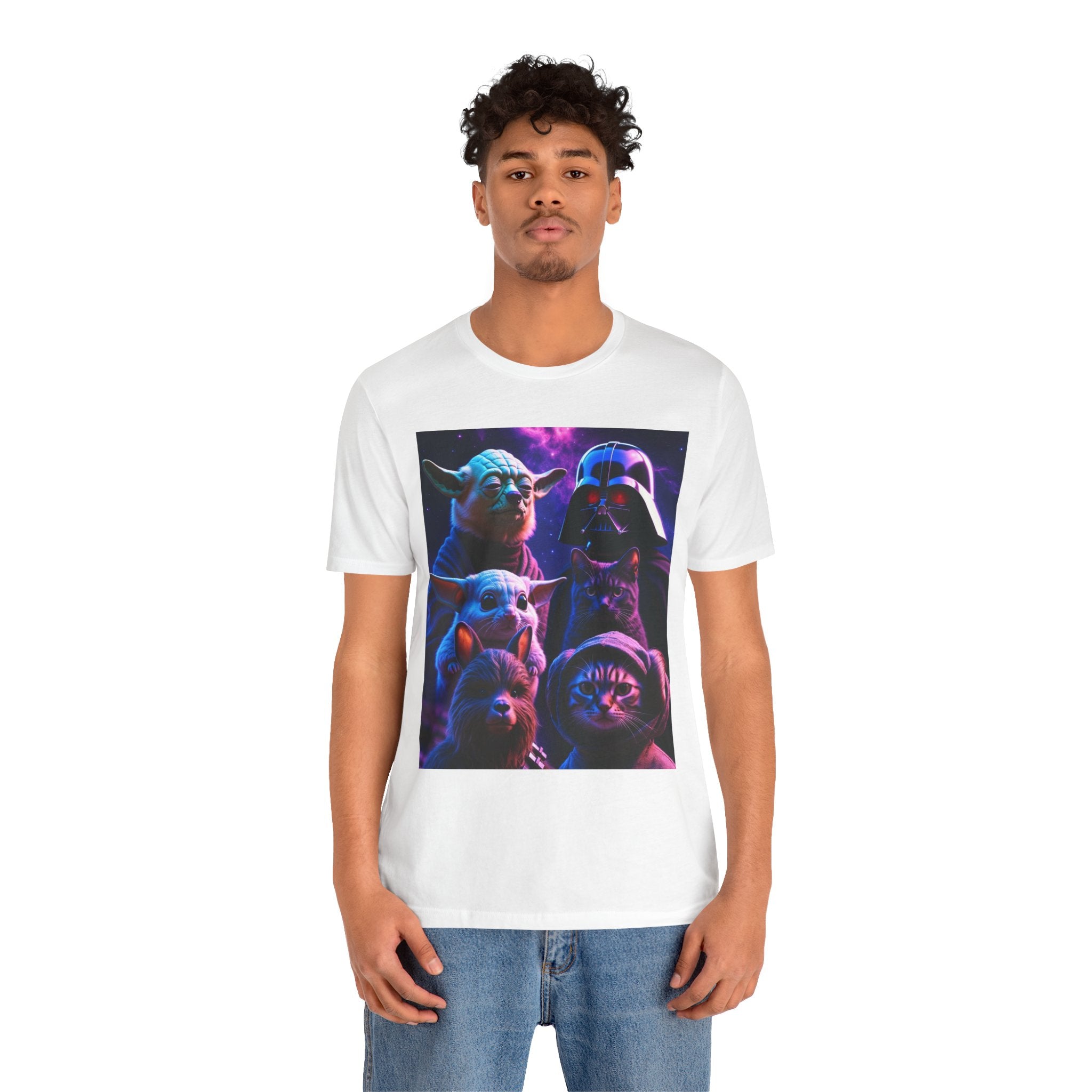 Pawsitive Force T-shirt featuring a galaxy design with cats and dogs in Star Wars-inspired costumes.