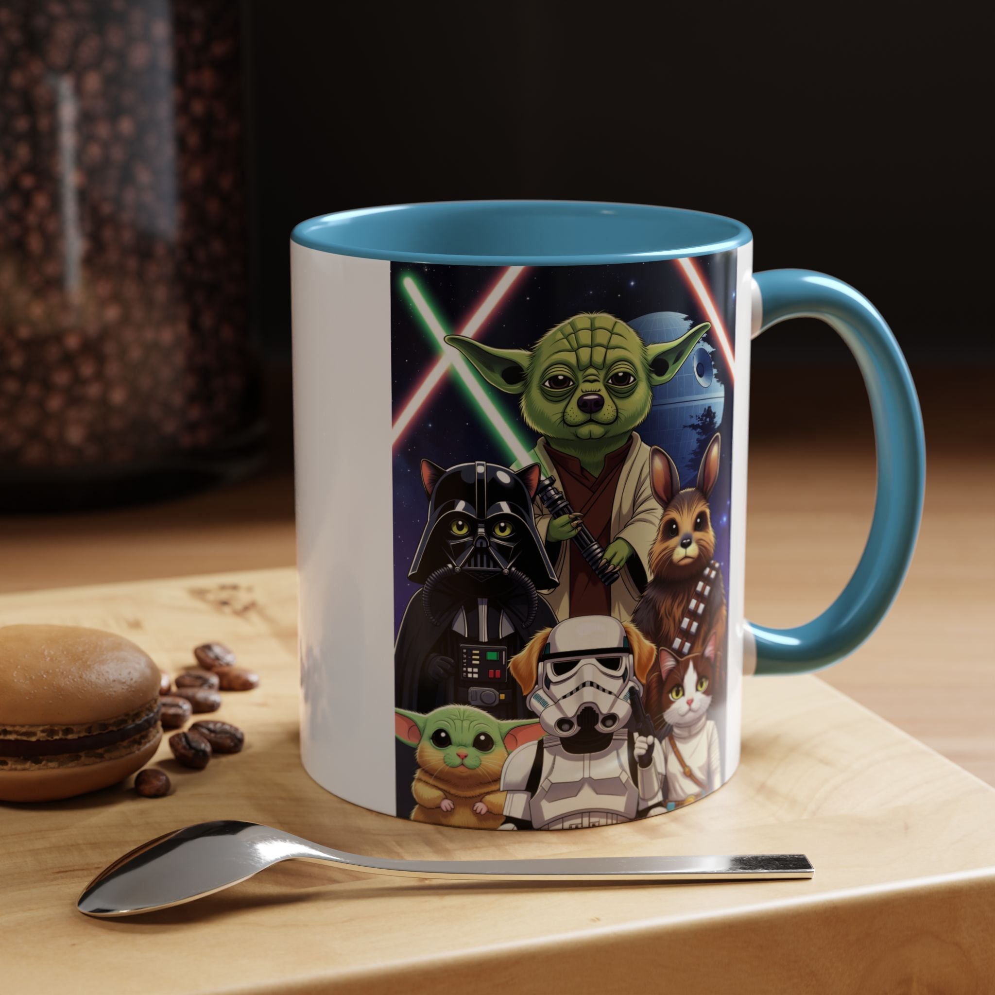 Star Wars Pets coffee mug featuring a galaxy design with cartoon cats and dogs, blue handle, and colorful characters.