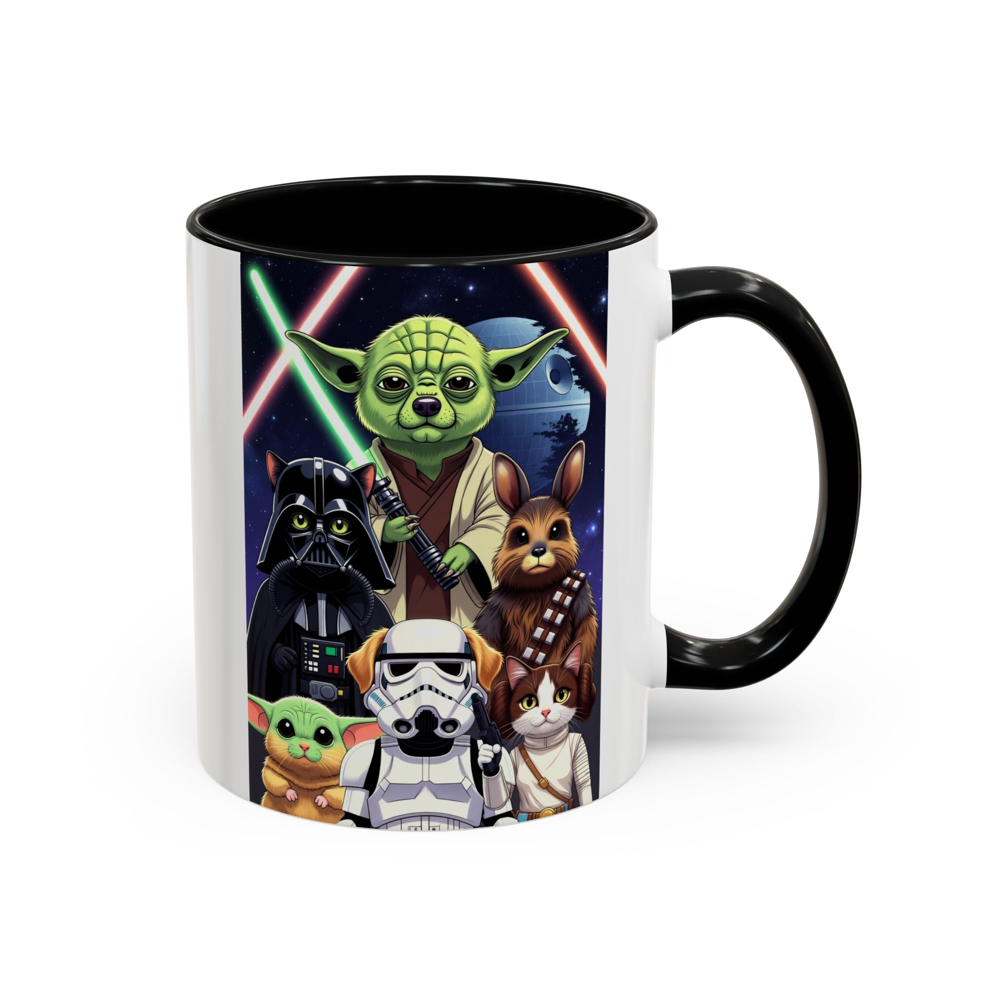 Star Wars Pets coffee mug featuring a galaxy design with cartoon cats and dogs in space-themed costumes.