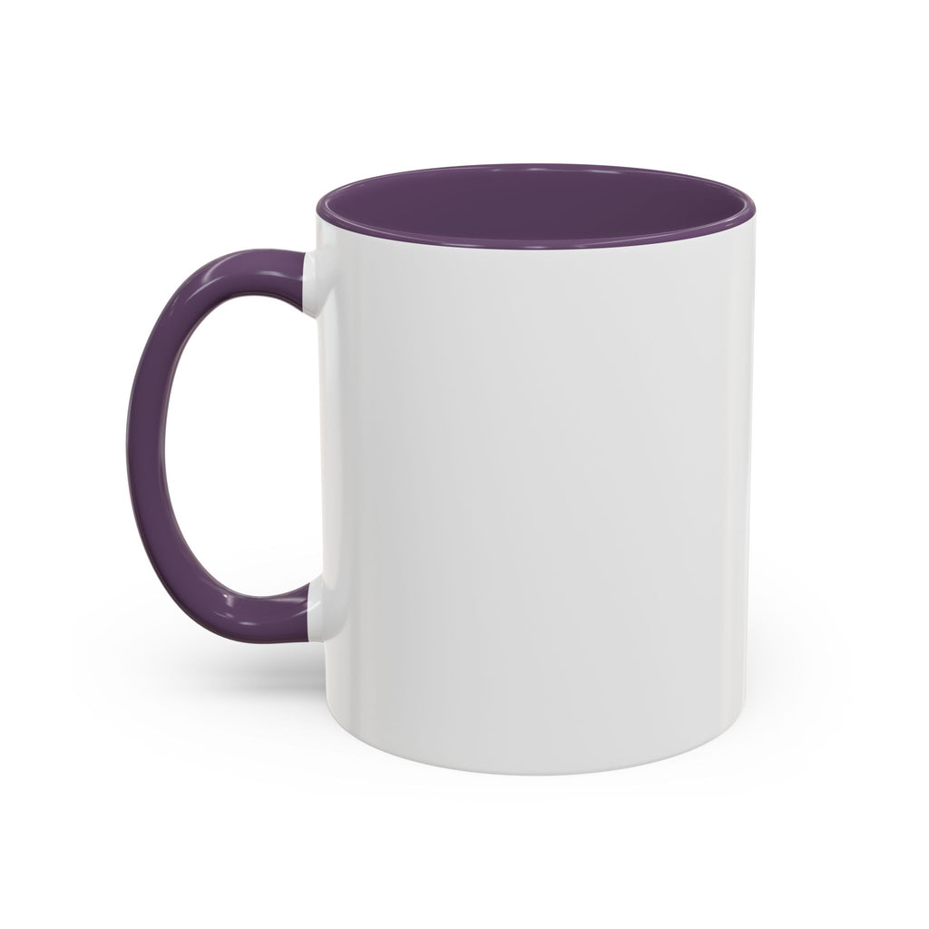White mug with a purple handle and interior, featuring a cartoon yellow lab in a suit.