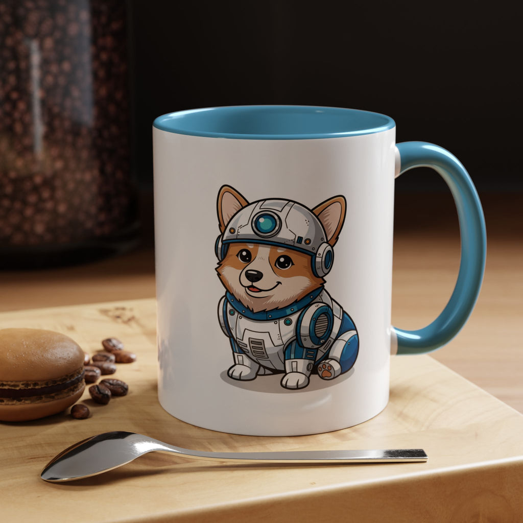 Corgi R2-D2 coffee mug with a blue handle, featuring a cartoon corgi in a droid costume on a wooden surface.