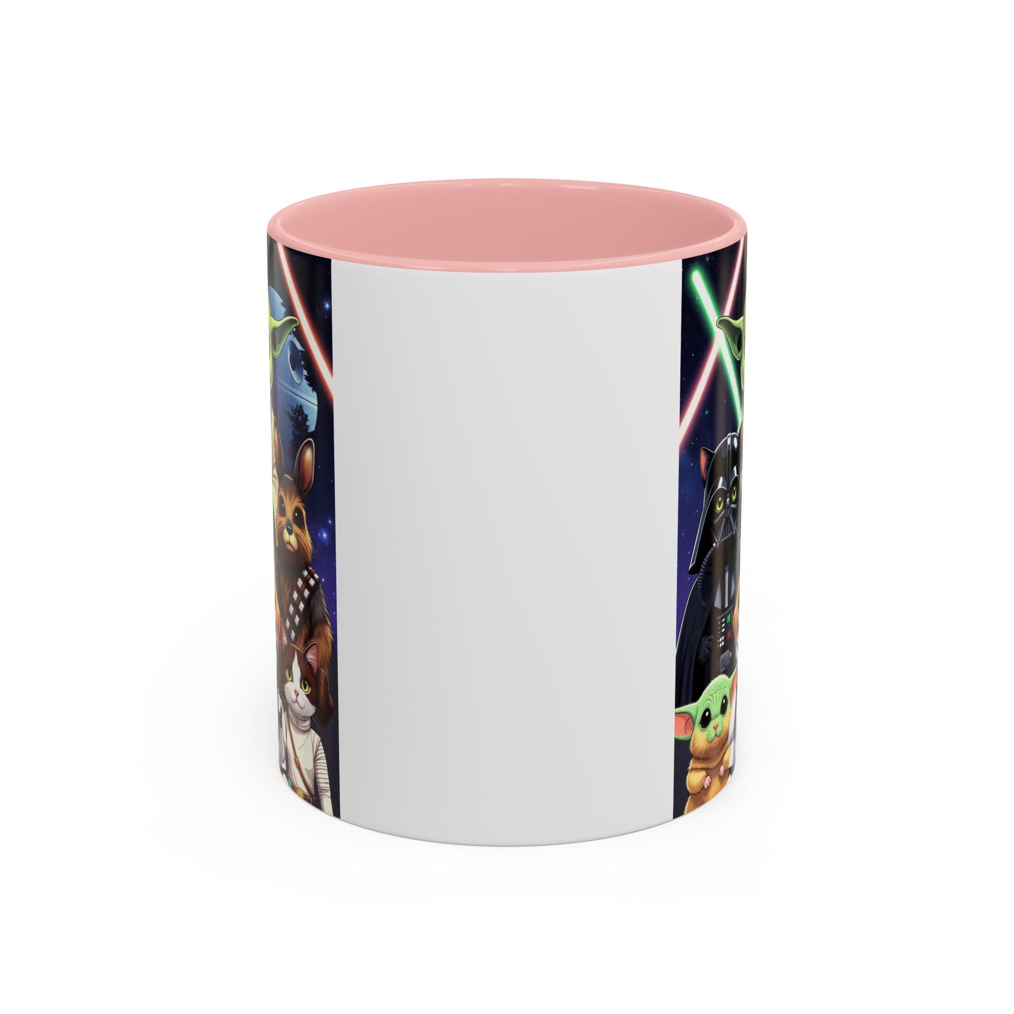 Star Wars Pets coffee mug featuring a galaxy design with cats and dogs, pink interior, and colorful lightsabers.