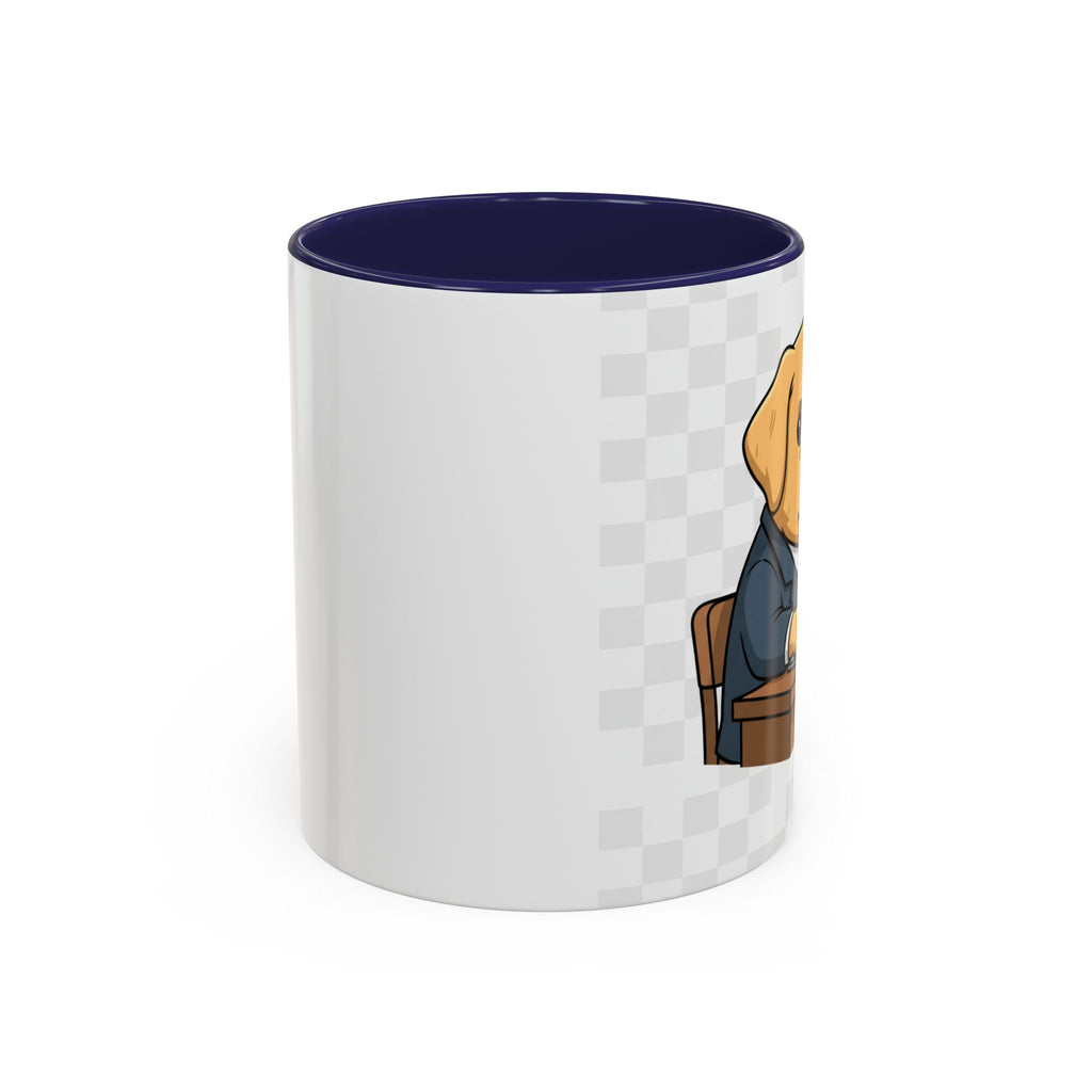 Yellow Lab Boss Mug featuring a dog in a suit sitting at a desk, with a blue interior and a white exterior.