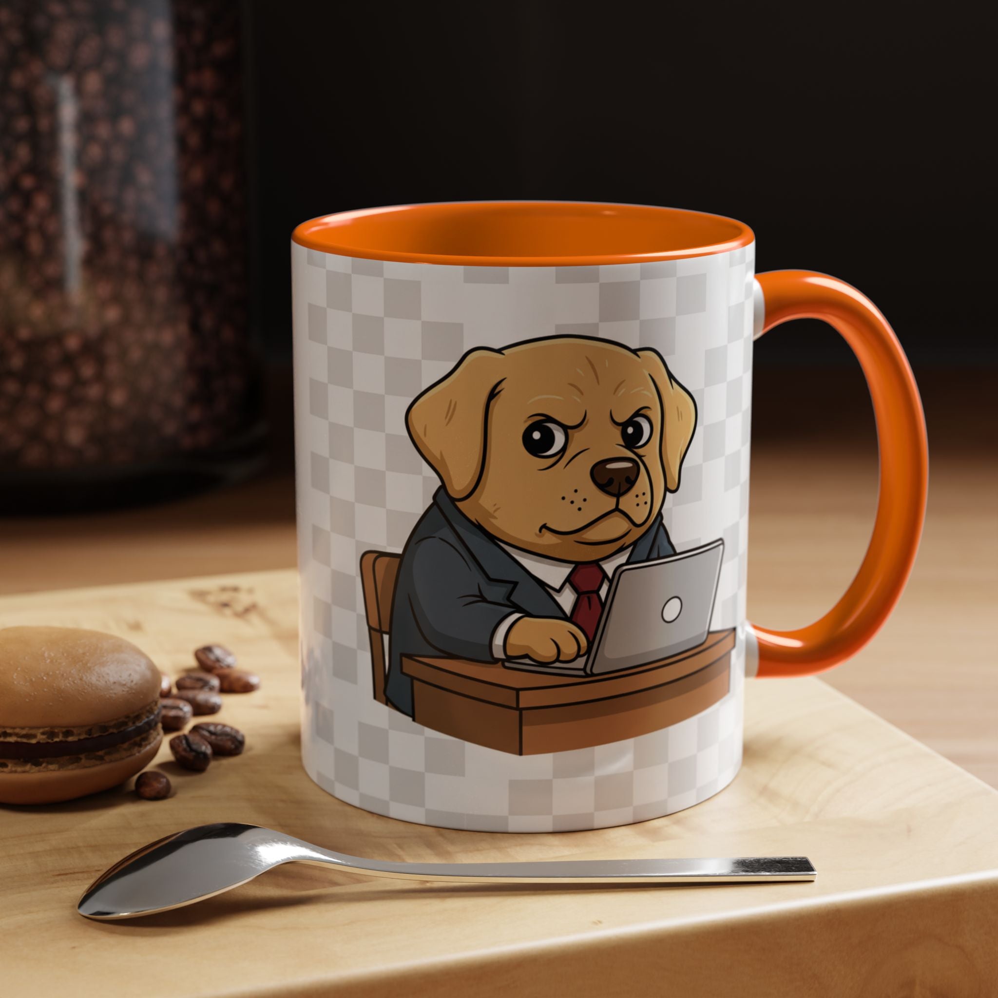 Yellow Lab Boss mug featuring a cartoon dog in a suit, sitting at a desk with a laptop, orange handle, and checkerboard ba...