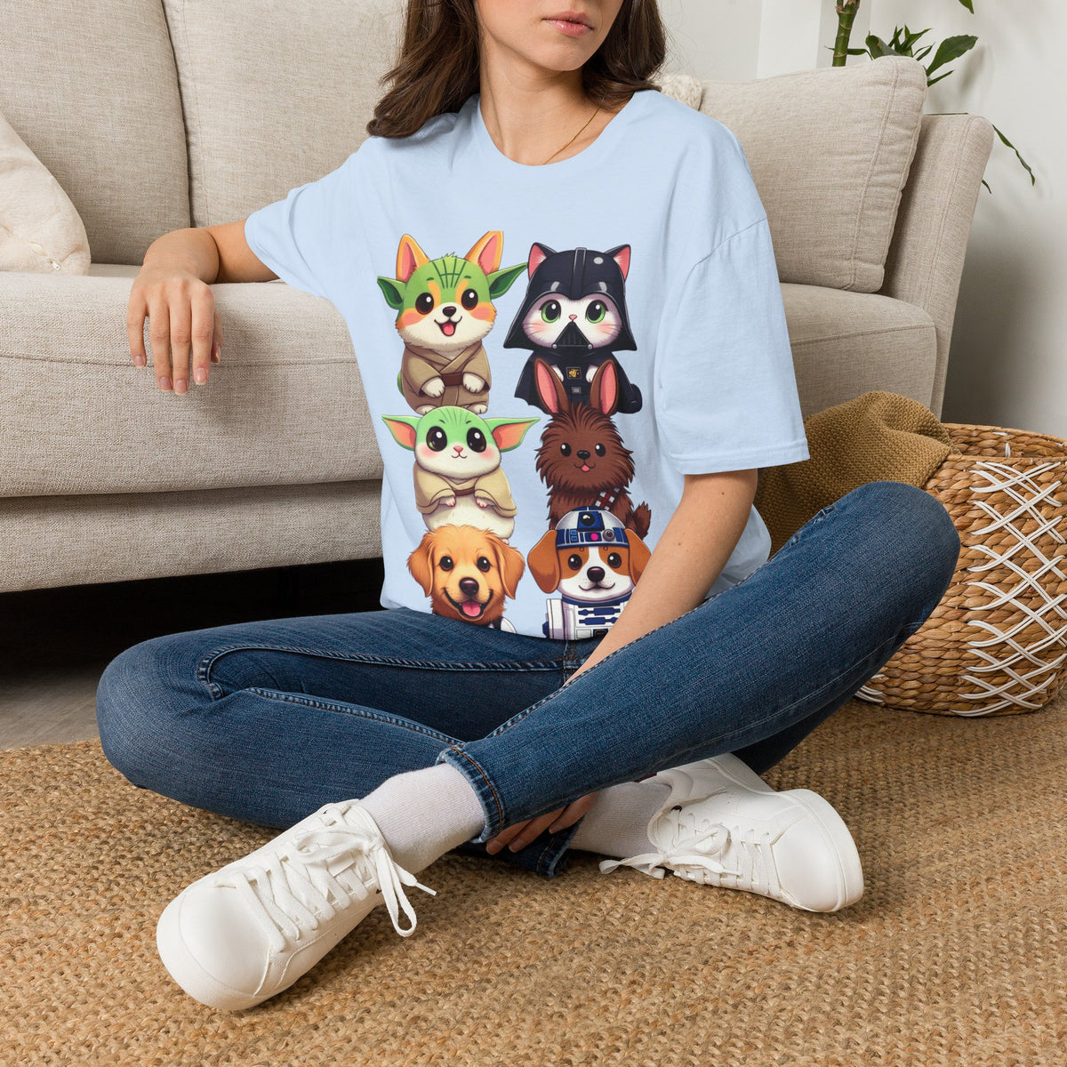 Cute Star Wars Pet Stack T-Shirt — Baby Yoda, Chewie & Droid Cartoon Tee