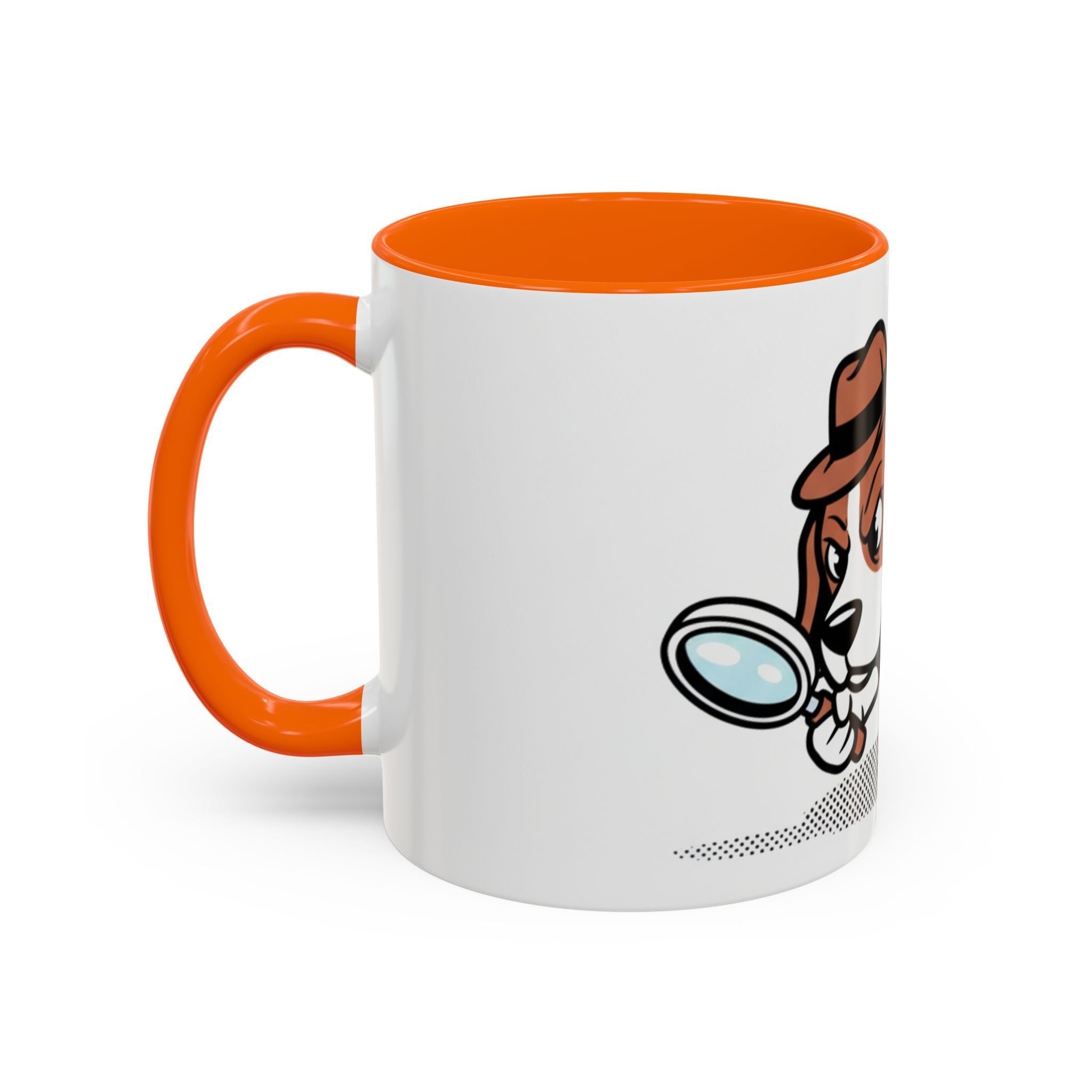 Detective Beagle mug with orange handle, featuring a cartoon beagle holding a magnifying glass.