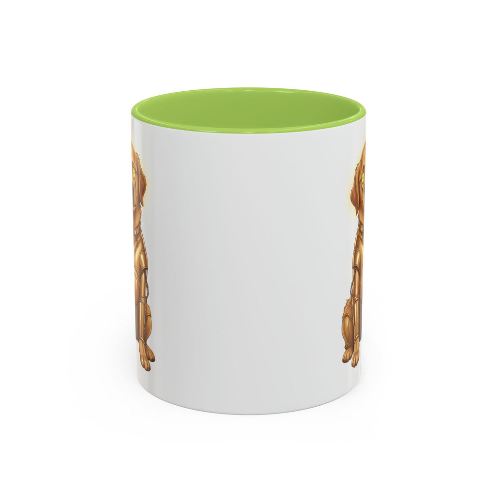 Golden Retriever C-3PO mug with a green interior, featuring a golden dog design on a white background.