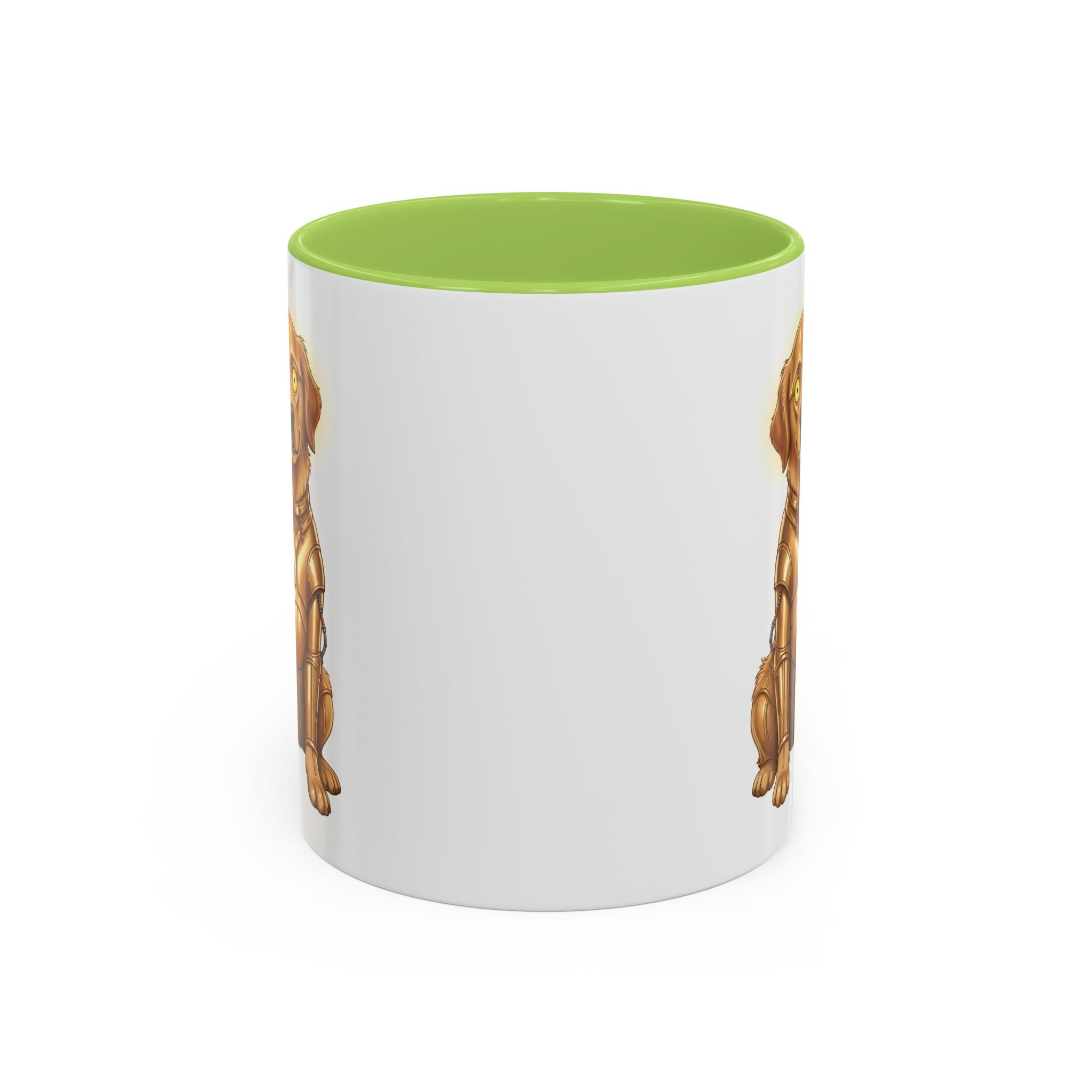 Golden Retriever C-3PO mug with a green interior, featuring a golden dog design on a white background.