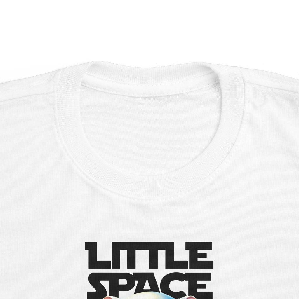 White toddler t-shirt featuring a graphic with the text "Little Space Hamster" and a colorful space-themed design.
