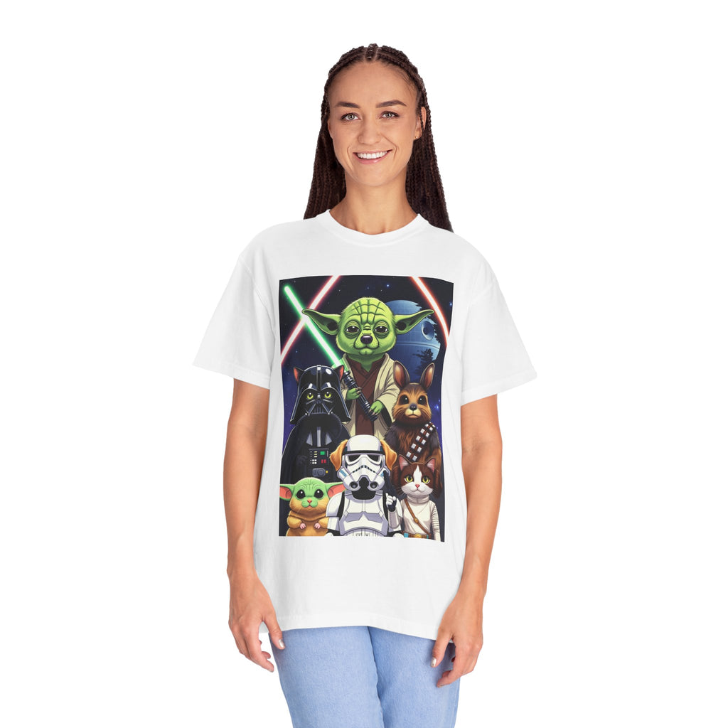 White t-shirt featuring a colorful graphic of Yoda as a corgi, Darth Vader as a cat, and Chewbacca as a bunny.