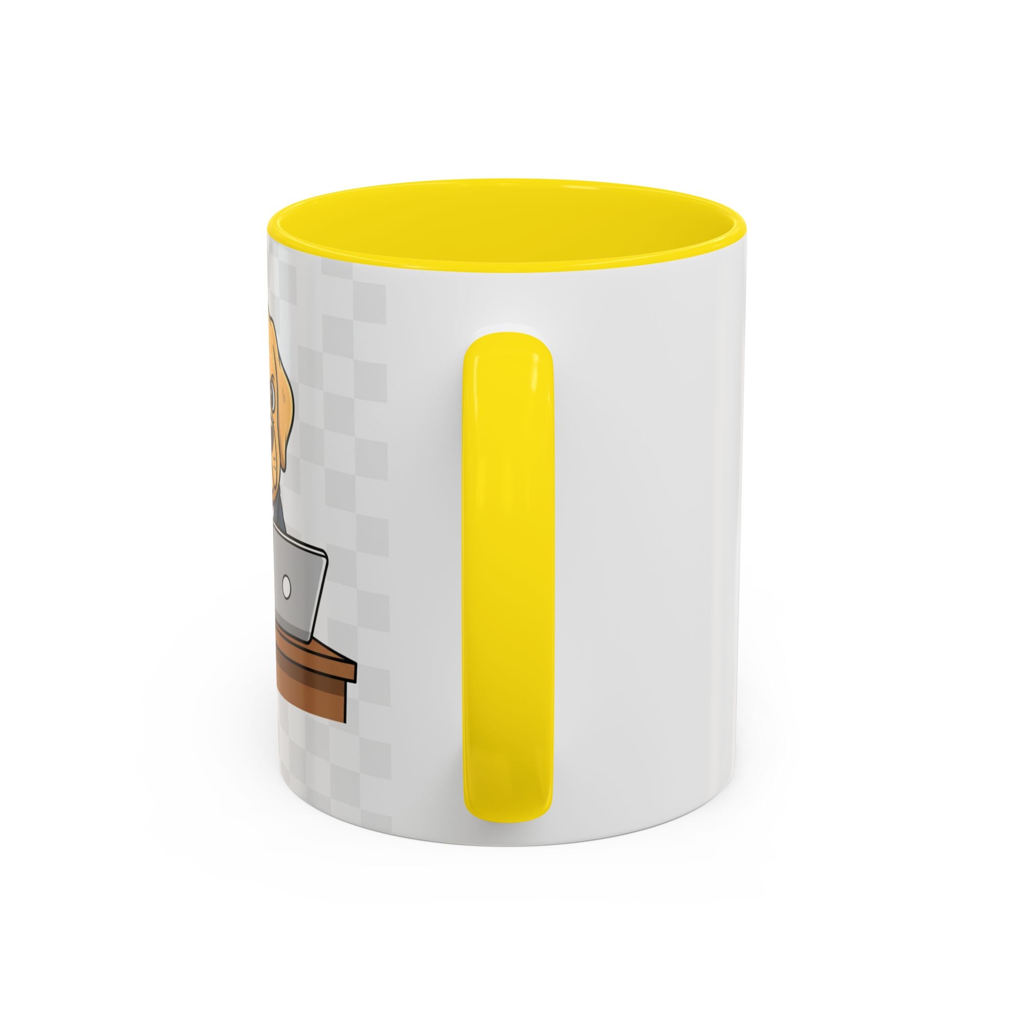 Yellow Lab Boss mug featuring a dog in a suit, with a yellow handle and interior, on a white background.
