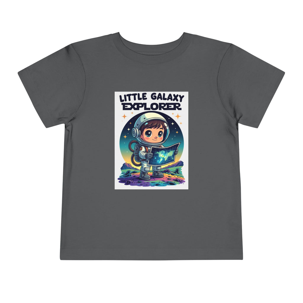 Little Galaxy Explorer kids t-shirt in dark gray featuring a cartoon child in an astronaut suit holding a map.