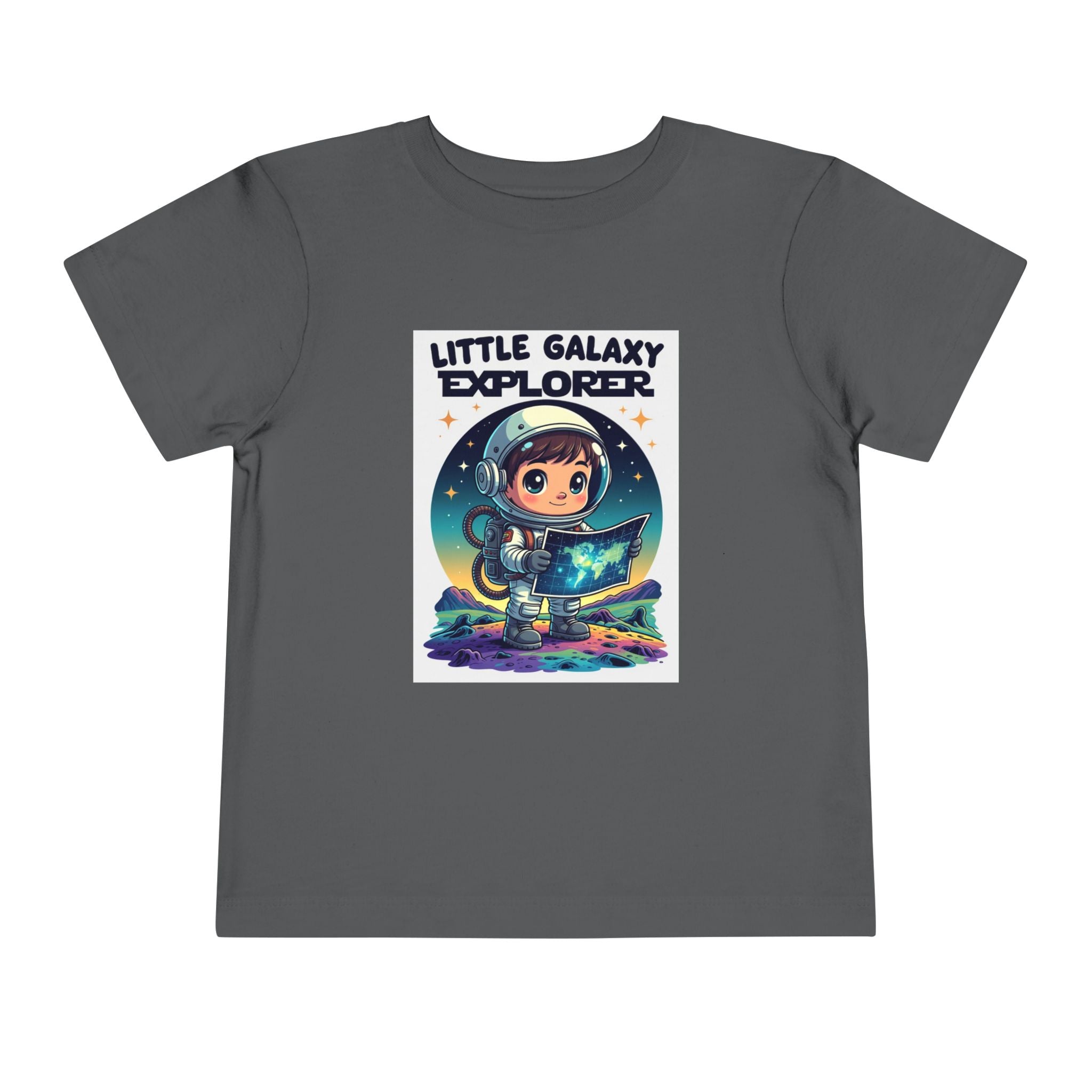 Little Galaxy Explorer kids t-shirt in dark gray featuring a cartoon child in an astronaut suit holding a map.