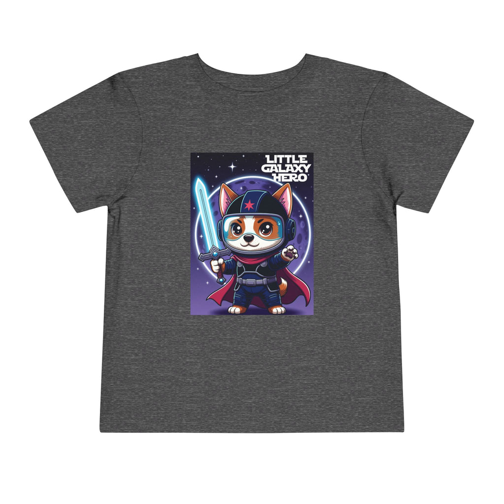Little Galaxy Hero kids t-shirt in dark gray featuring a cartoon space puppy with a lightsaber and helmet.