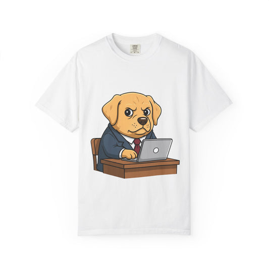 Cute Office Dog T-Shirt — Puppy Boss Working on Laptop Graphic Tee