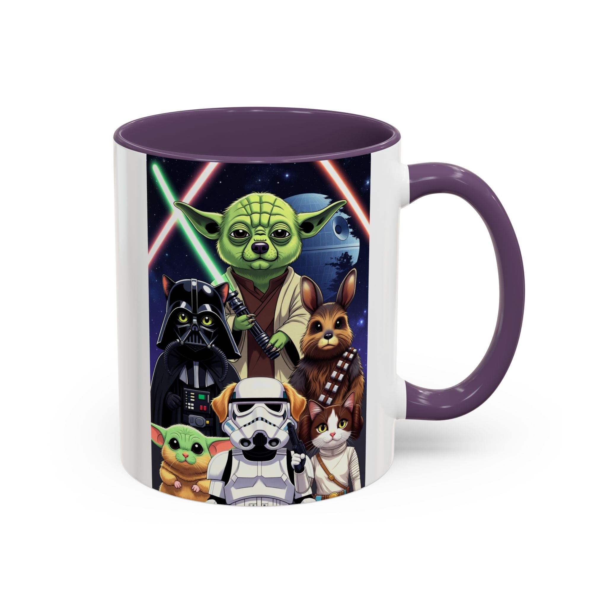 Star Wars Pets coffee mug featuring cartoon cats and dogs dressed as characters with a galaxy background.