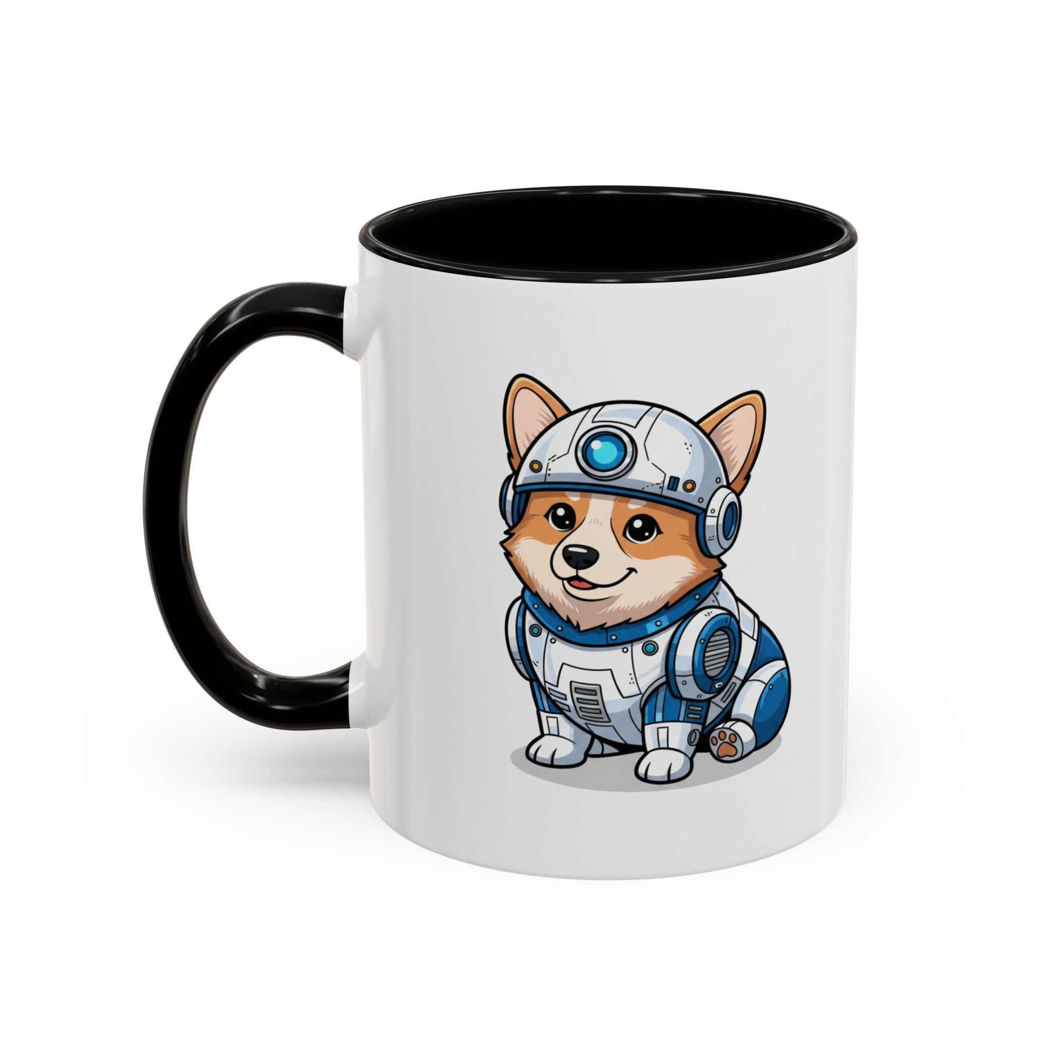 Corgi R2-D2 coffee mug with a black handle, featuring a cartoon corgi in a droid costume on a white background.
