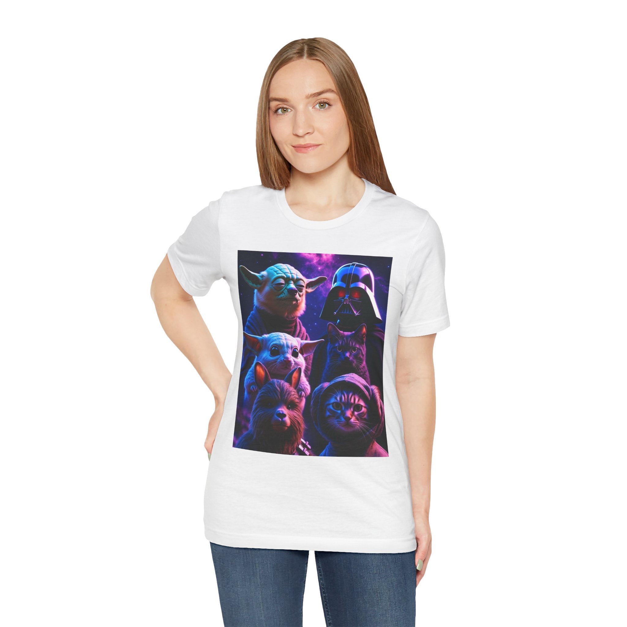 Pawsitive Force T-shirt featuring a galaxy design with cats and dogs in superhero costumes on a white background.