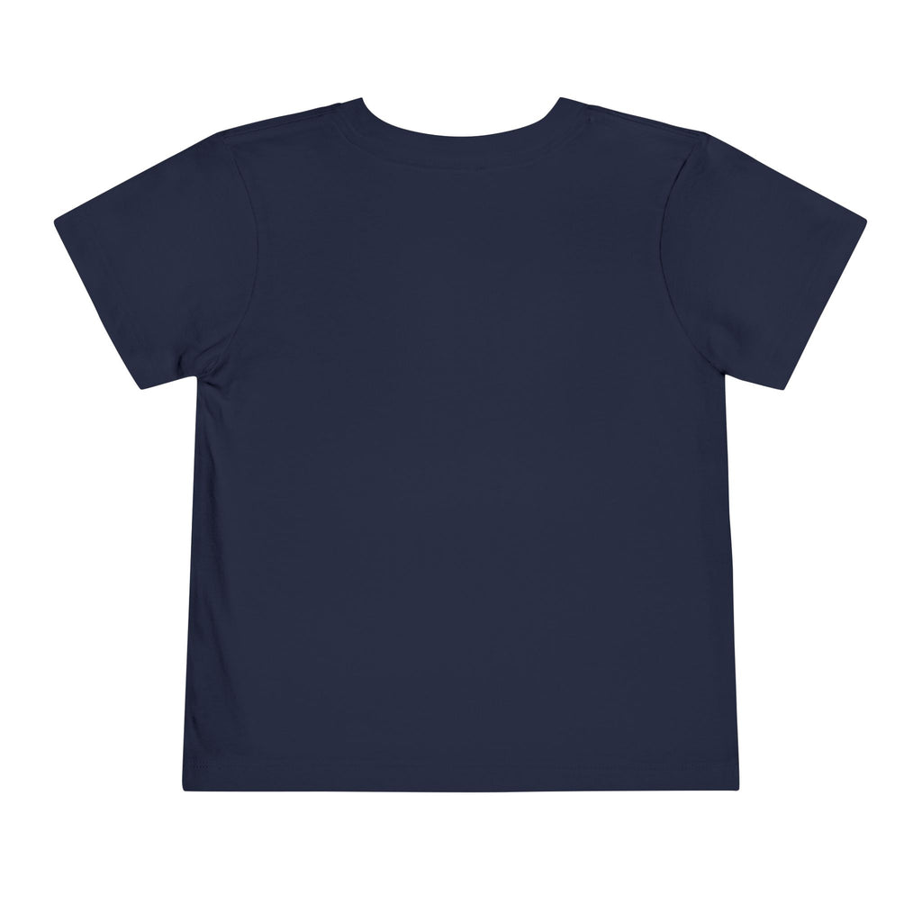 Navy blue kids t-shirt featuring a cute space puppy cartoon design on the front.