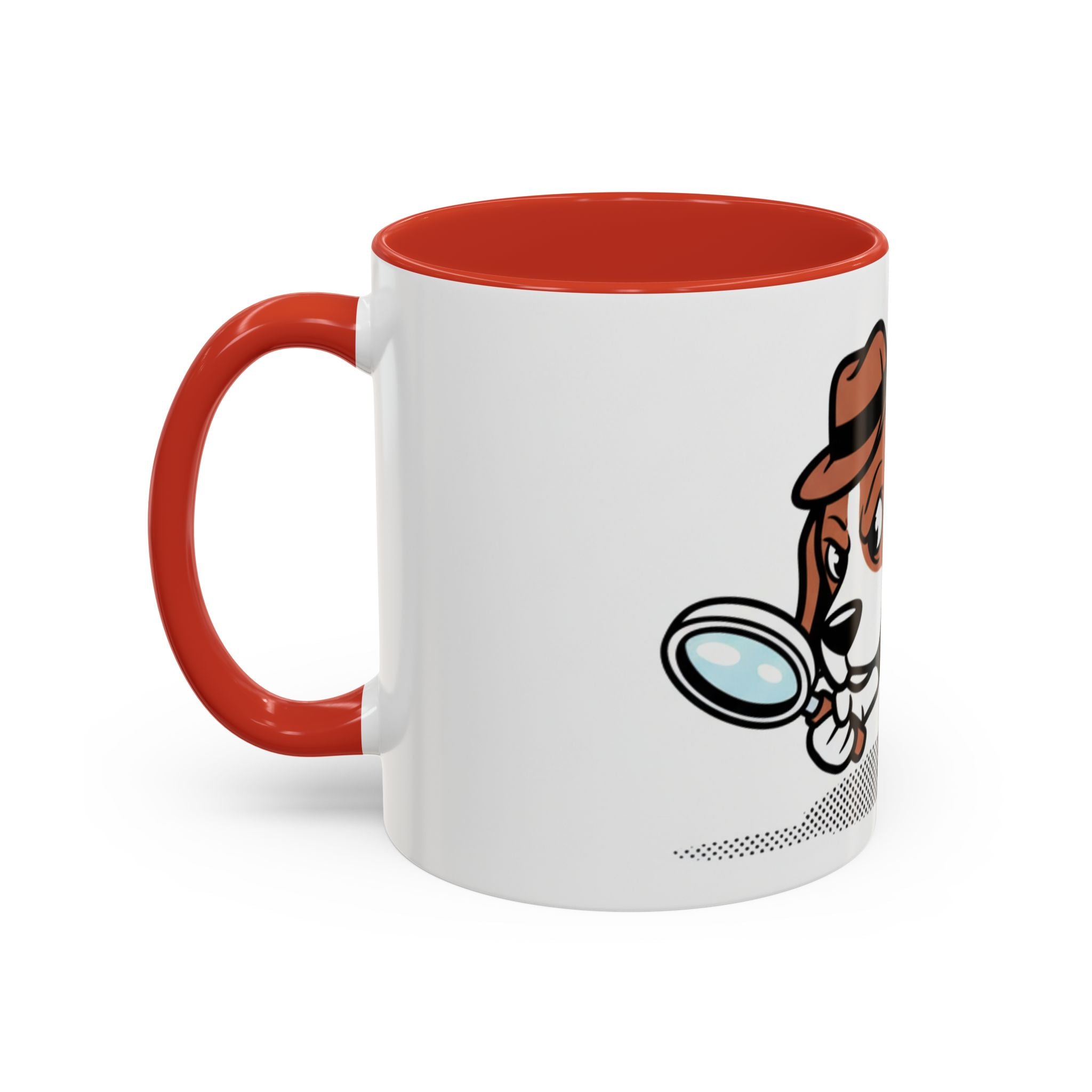 Detective Beagle mug with a red handle, featuring a cartoon beagle holding a magnifying glass.