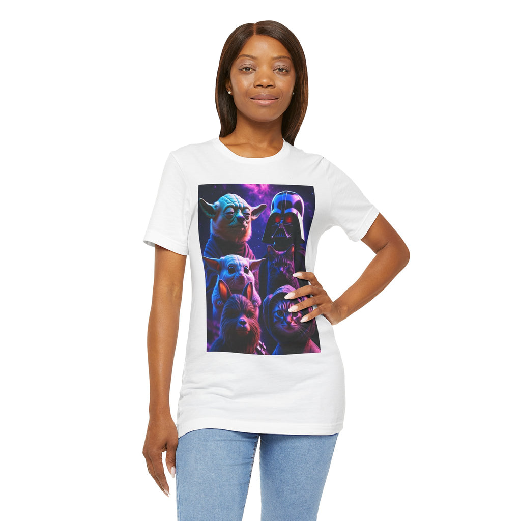 Pawsitive Force T-shirt featuring a galaxy design with cats and dogs in vibrant colors on a white background.