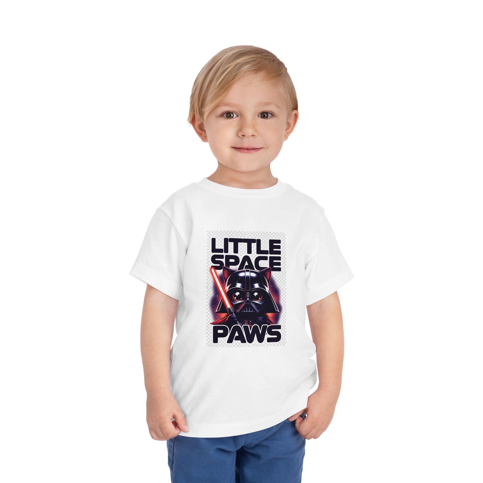 Darth Vader cat toddler t-shirt in white with "Little Space Paws" graphic featuring a black cat and lightsabers.