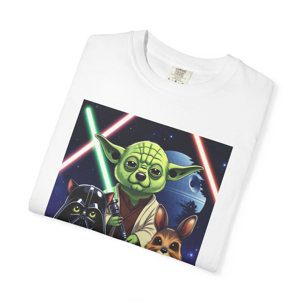 White t-shirt featuring Yoda as a corgi, Darth Vader as a cat, and Chewbacca as a bunny on a space background.