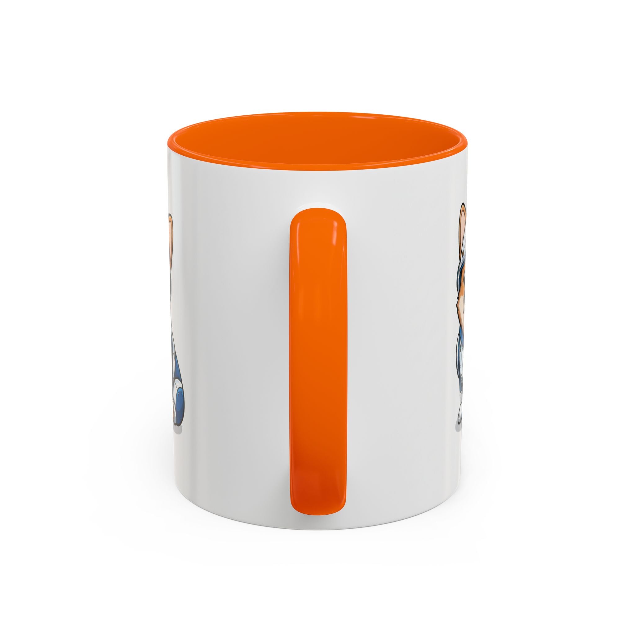 Corgi R2-D2 coffee mug with an orange handle, featuring a cartoon dog design on a white background.