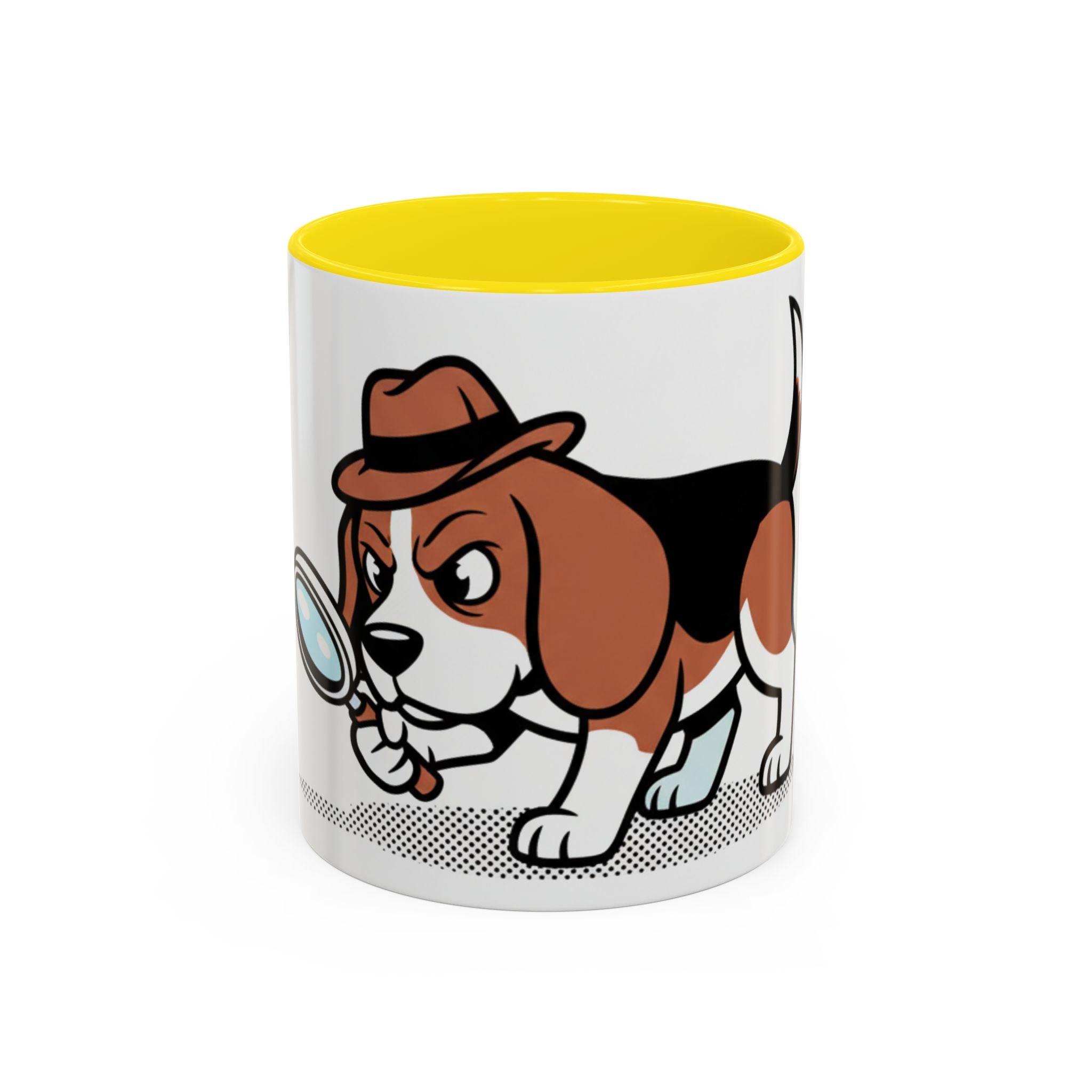 Detective Beagle mug featuring a cartoon beagle with a magnifying glass and a yellow interior.