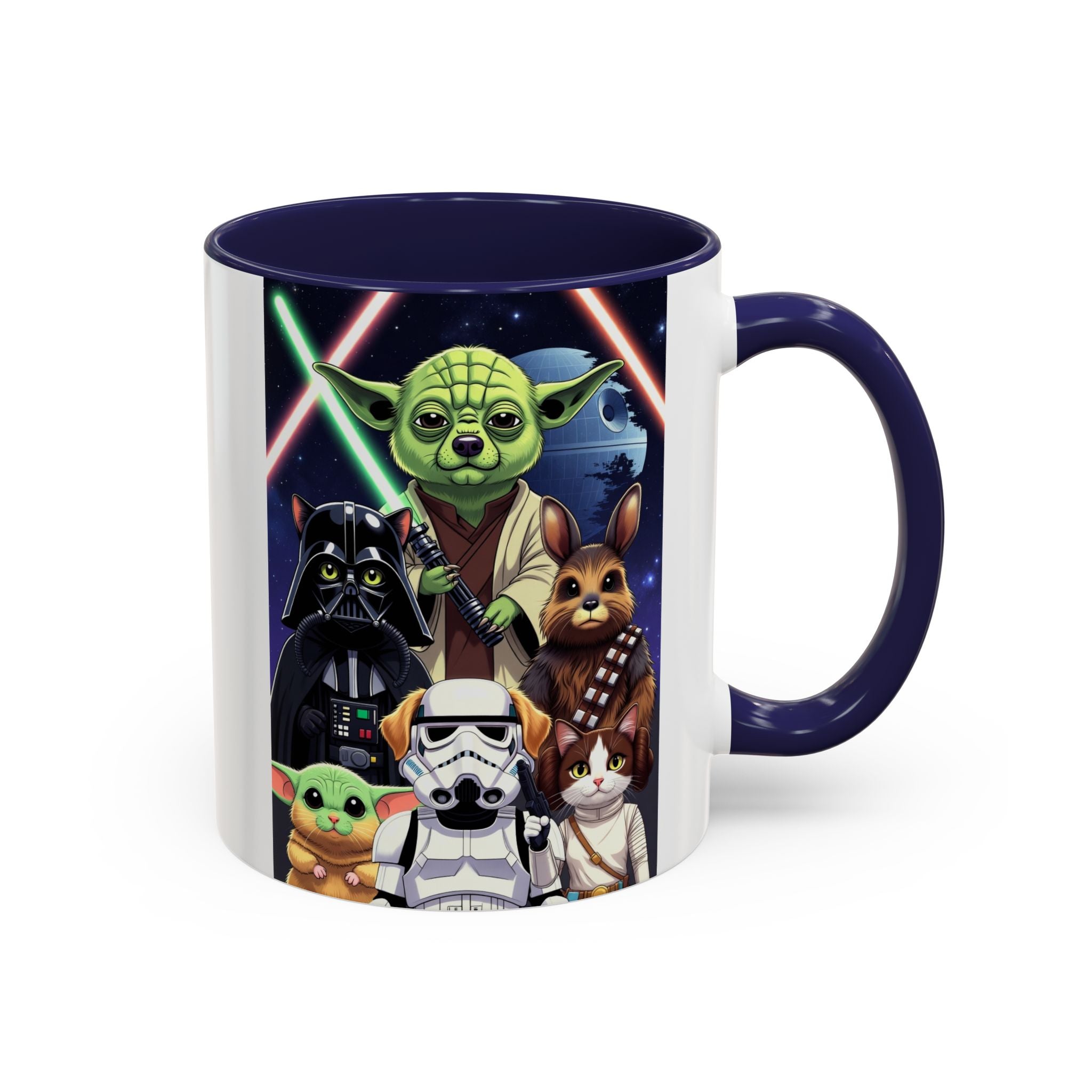 Star Wars pets coffee mug featuring cartoon cats and dogs as characters with a galaxy background and colorful lightsabers.