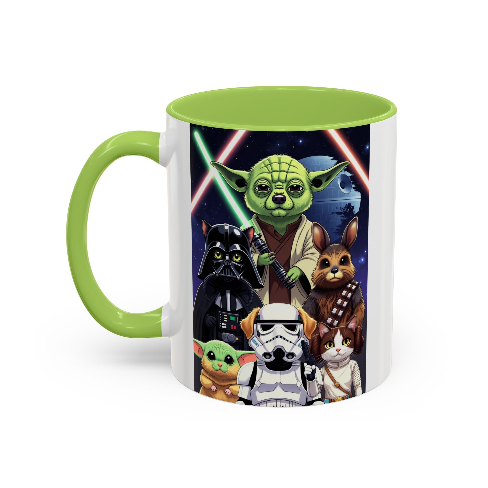 Star Wars Pets coffee mug featuring cartoon cats and dogs in galaxy design with green handle and interior.