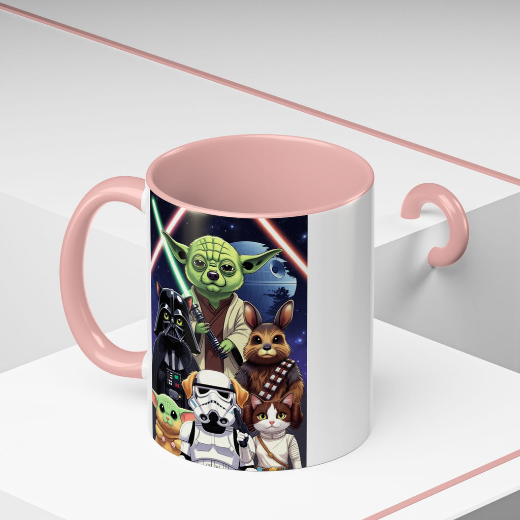 Star Wars Pets coffee mug featuring a galaxy design with cartoon cats and dogs, pink handle, and interior.
