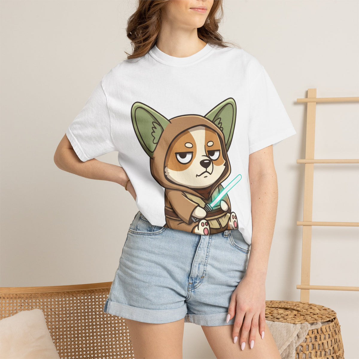 Corgi Jedi T-Shirt — Cute Grumpy Puppy with Lightsaber Graphic