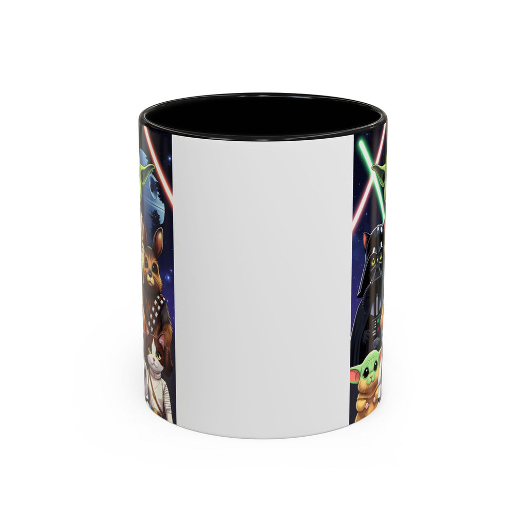 Star Wars Pets coffee mug featuring a galaxy design with cats and dogs alongside iconic characters and lightsabers.