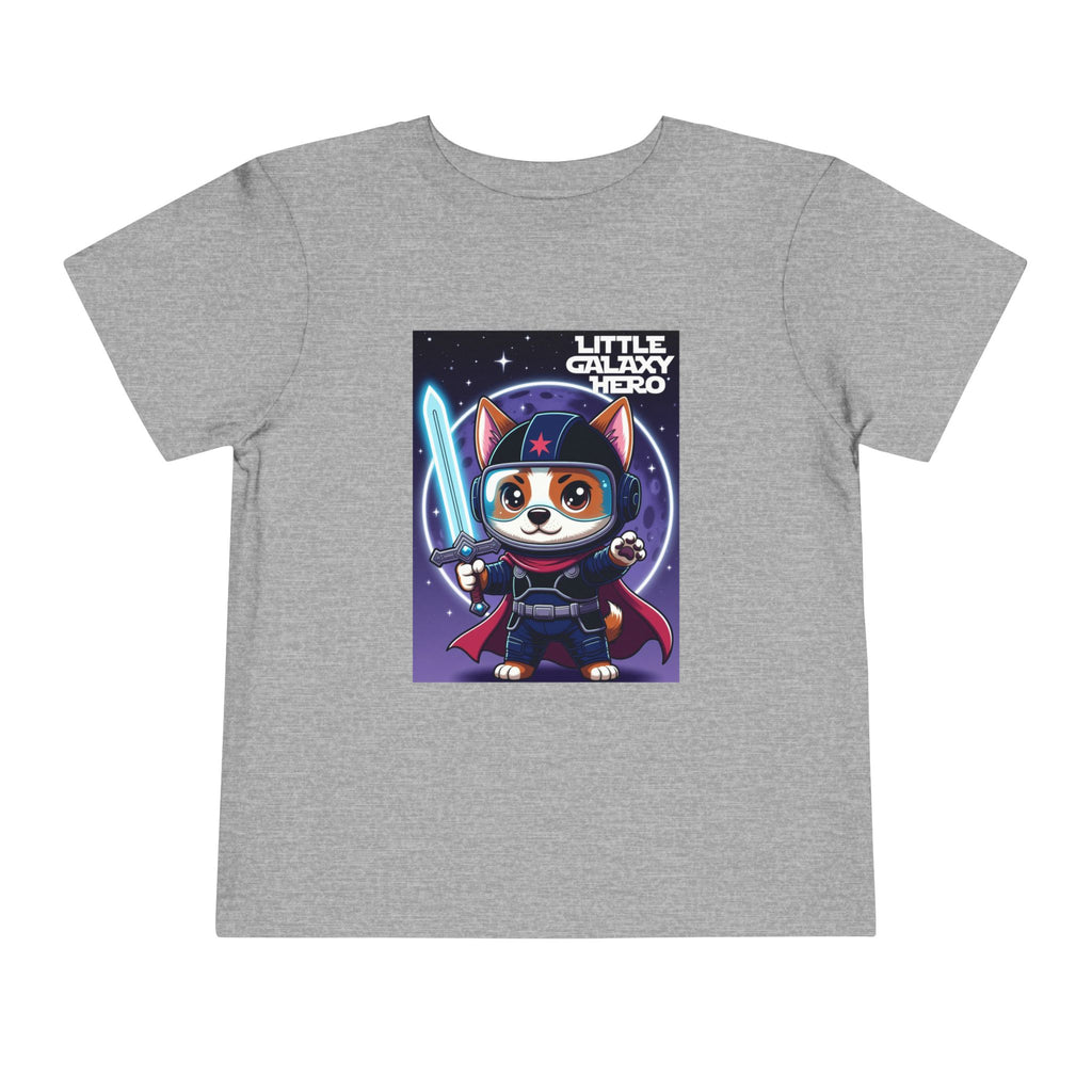 Little Galaxy Hero kids t-shirt in gray featuring a cartoon space puppy wearing a helmet and holding a lightsaber.