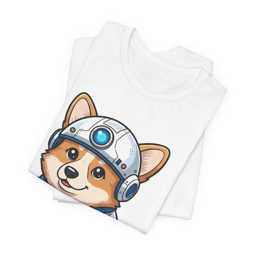 Corgi wearing a silver R2-D2 helmet on a white t-shirt, featuring a cute cartoon design.
