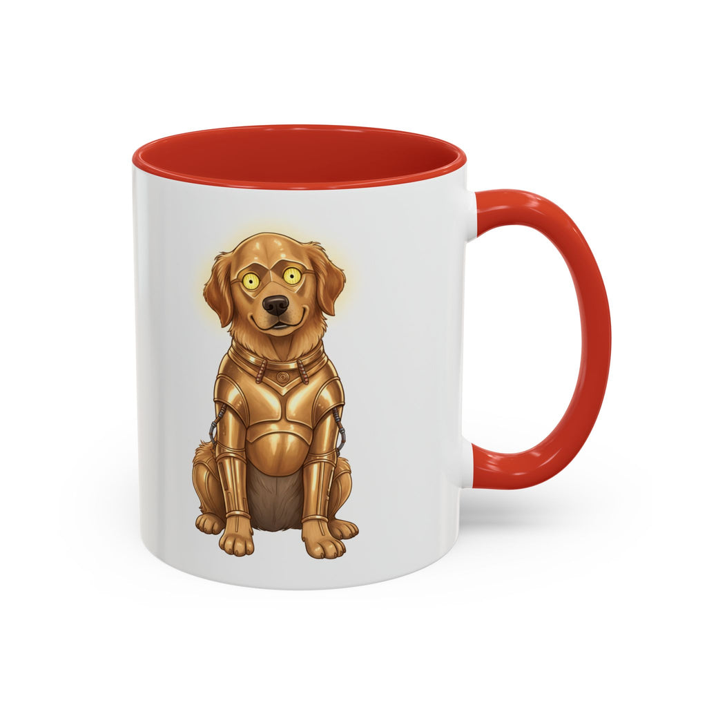 Golden Retriever C-3PO mug with a red handle, featuring a cartoon dog in a gold droid outfit.