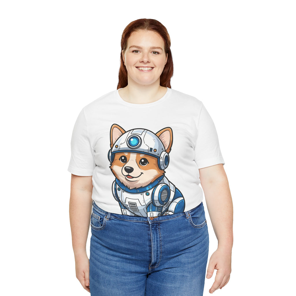 Corgi R2-D2 T-shirt featuring a cartoon corgi in a droid costume, worn by a model with blue jeans.