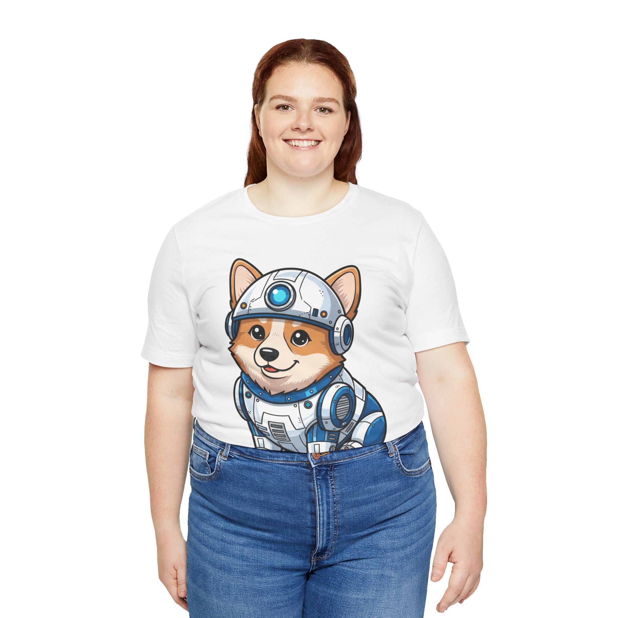 Corgi R2-D2 T-shirt featuring a cartoon corgi in a droid costume, worn by a model with blue jeans.