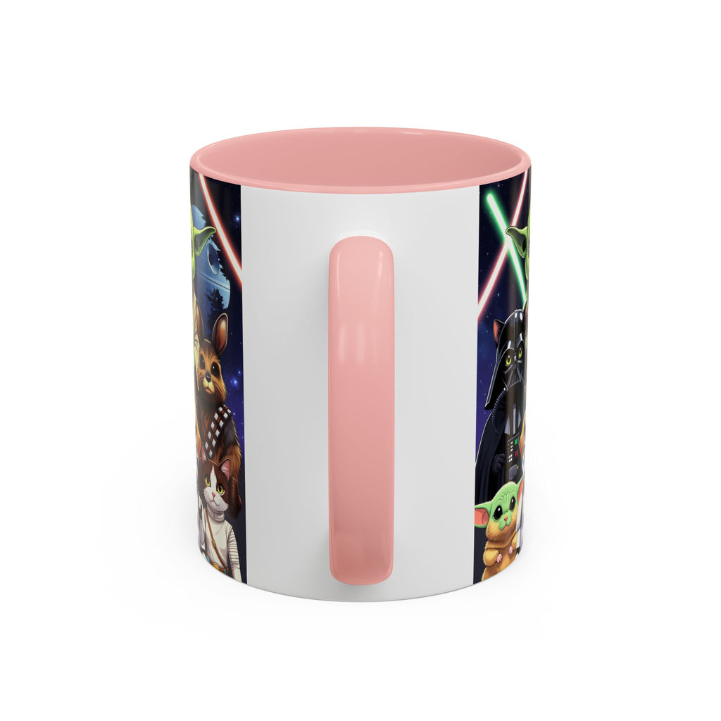 Star Wars Pets coffee mug featuring a pink handle and galaxy design with cats and dogs in space attire.