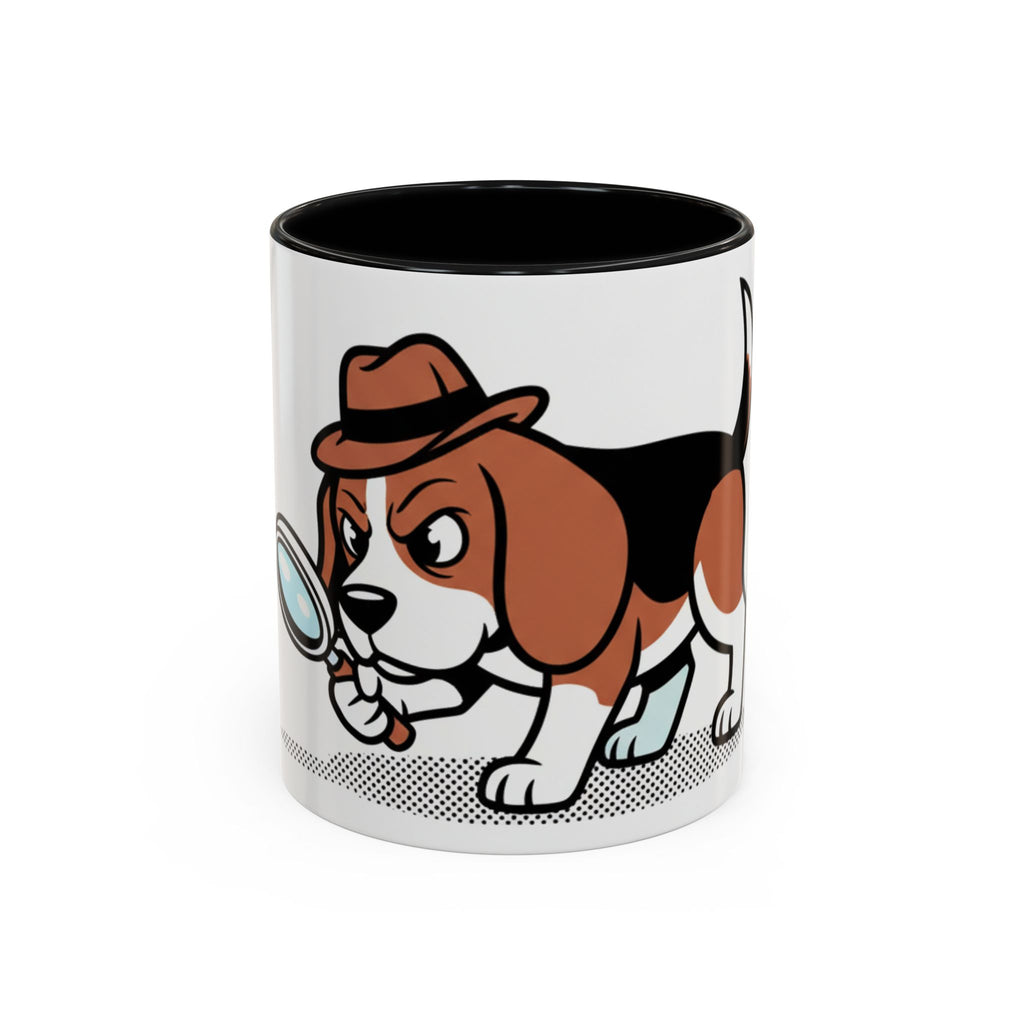 Detective Beagle mug featuring a cartoon beagle with a magnifying glass and a brown hat on a white background.