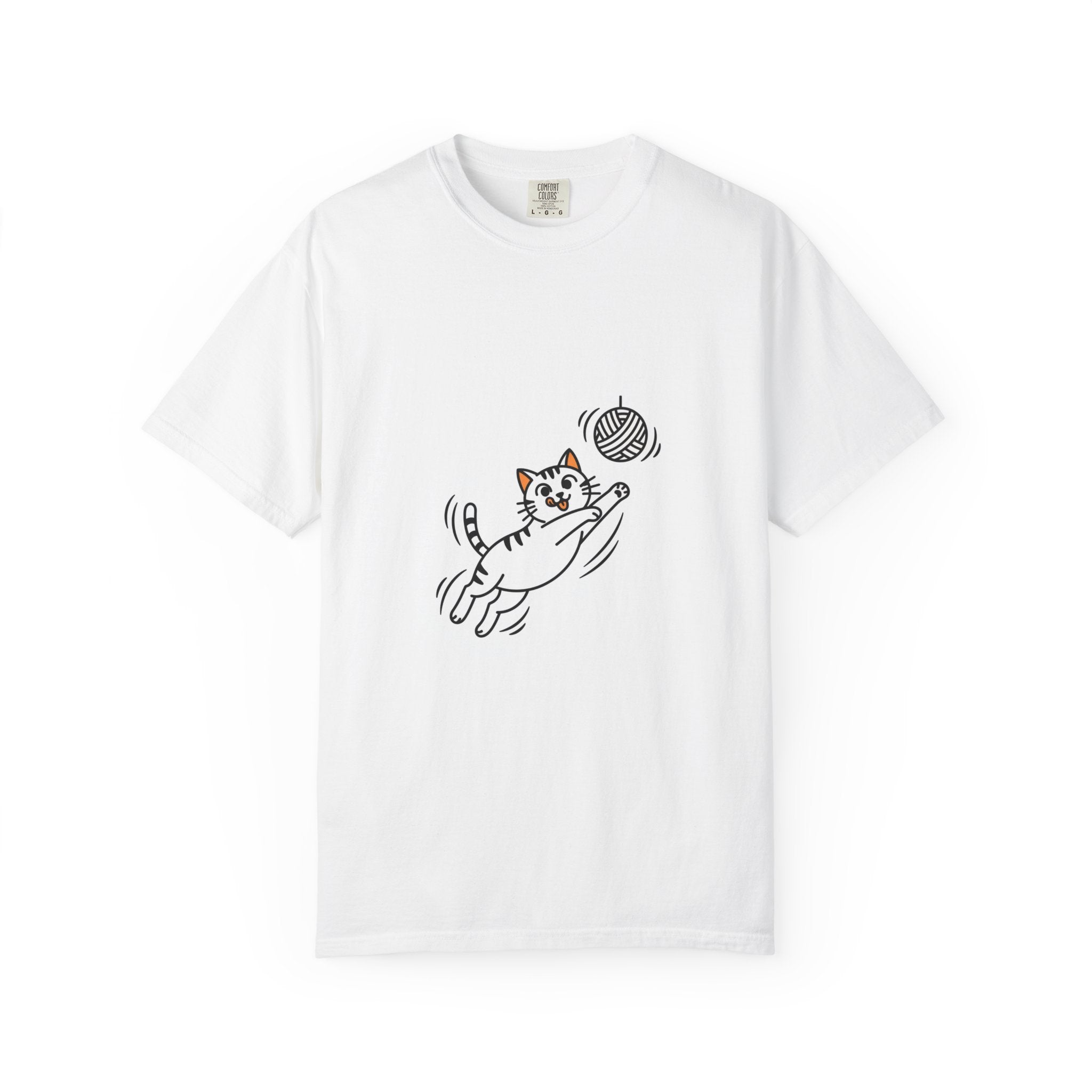 Tabby Cat Jumping T-Shirt — Playful Minimalist Line Art