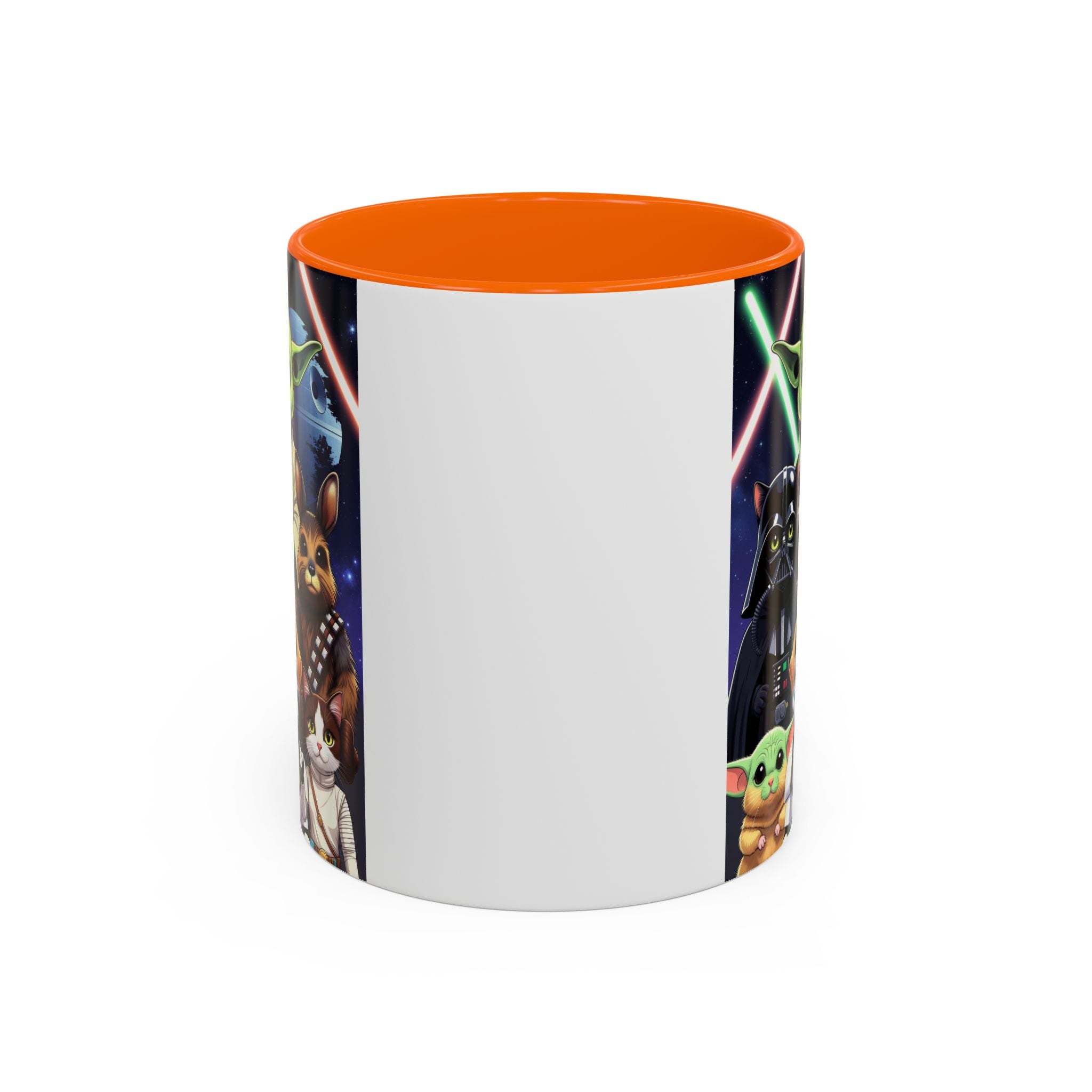 Star Wars Pets coffee mug featuring a galaxy design with cats and dogs, orange interior, and lightsabers on the sides.