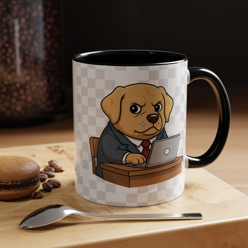 Yellow Lab Boss mug featuring a cartoon dog in a suit, sitting at a desk with a laptop, on a wooden surface.