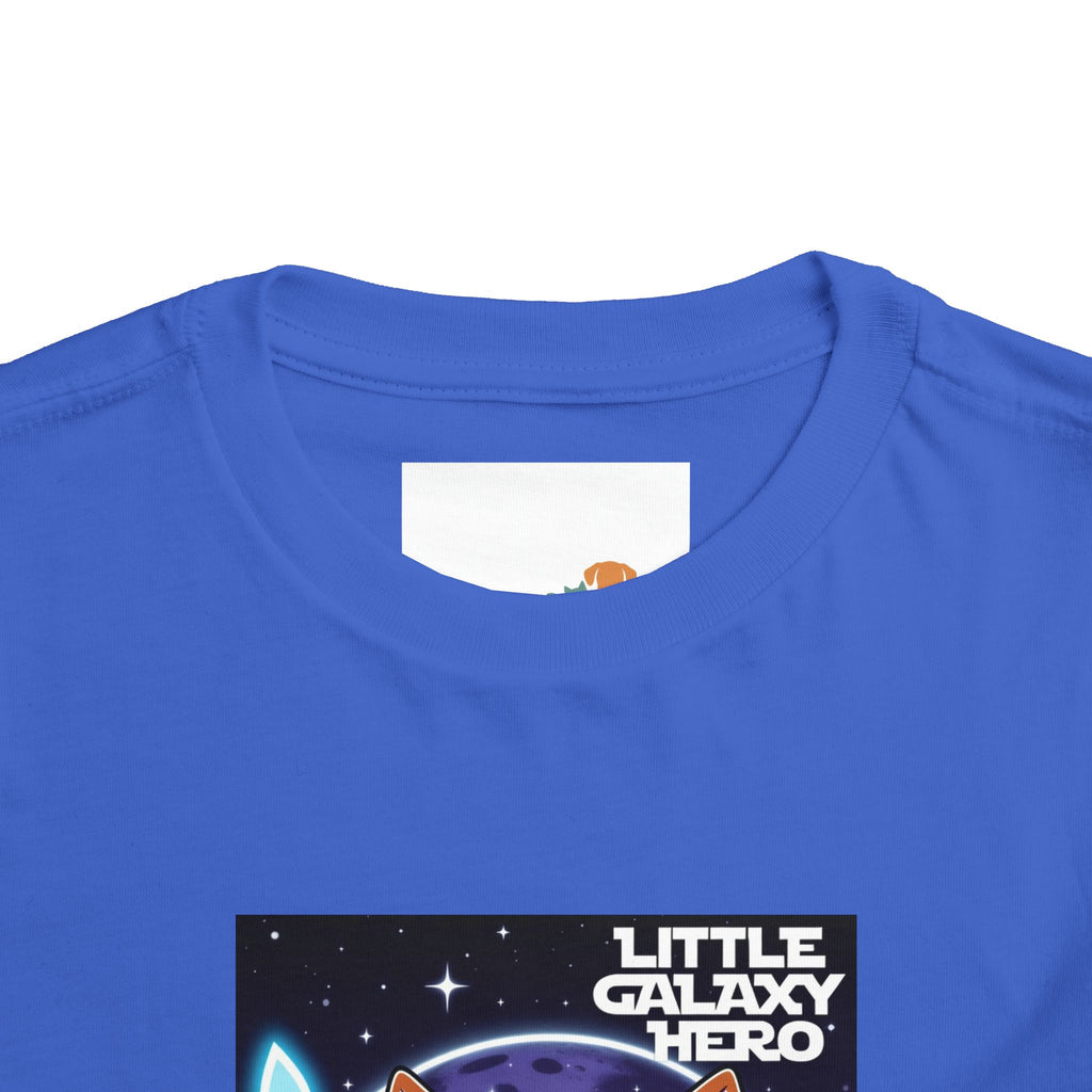Little Galaxy Hero kids t-shirt in blue featuring a cartoon space puppy design with stars and planets.